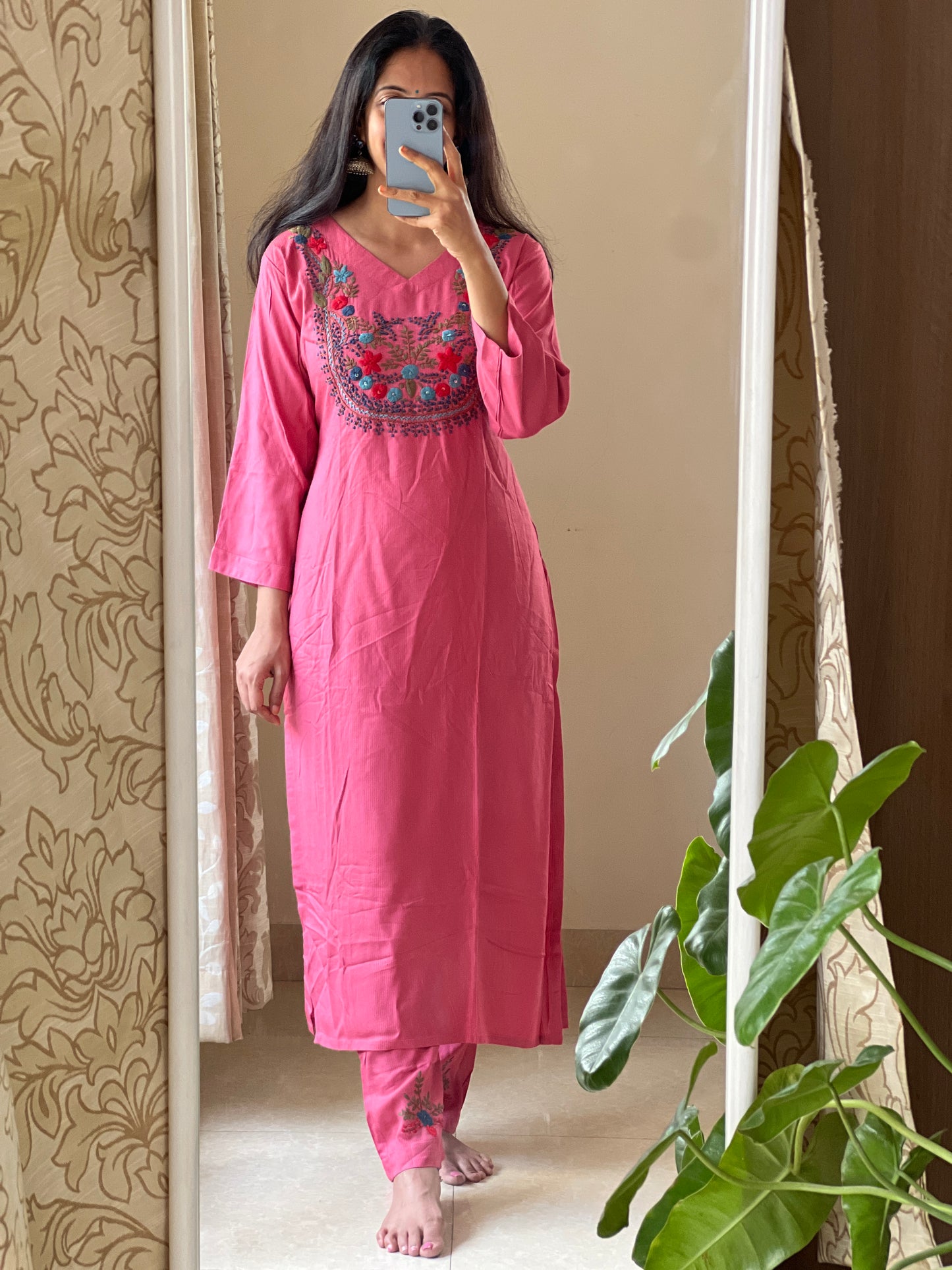 A0150 handloom fabric 2 piece dress with hand embroidery detailing