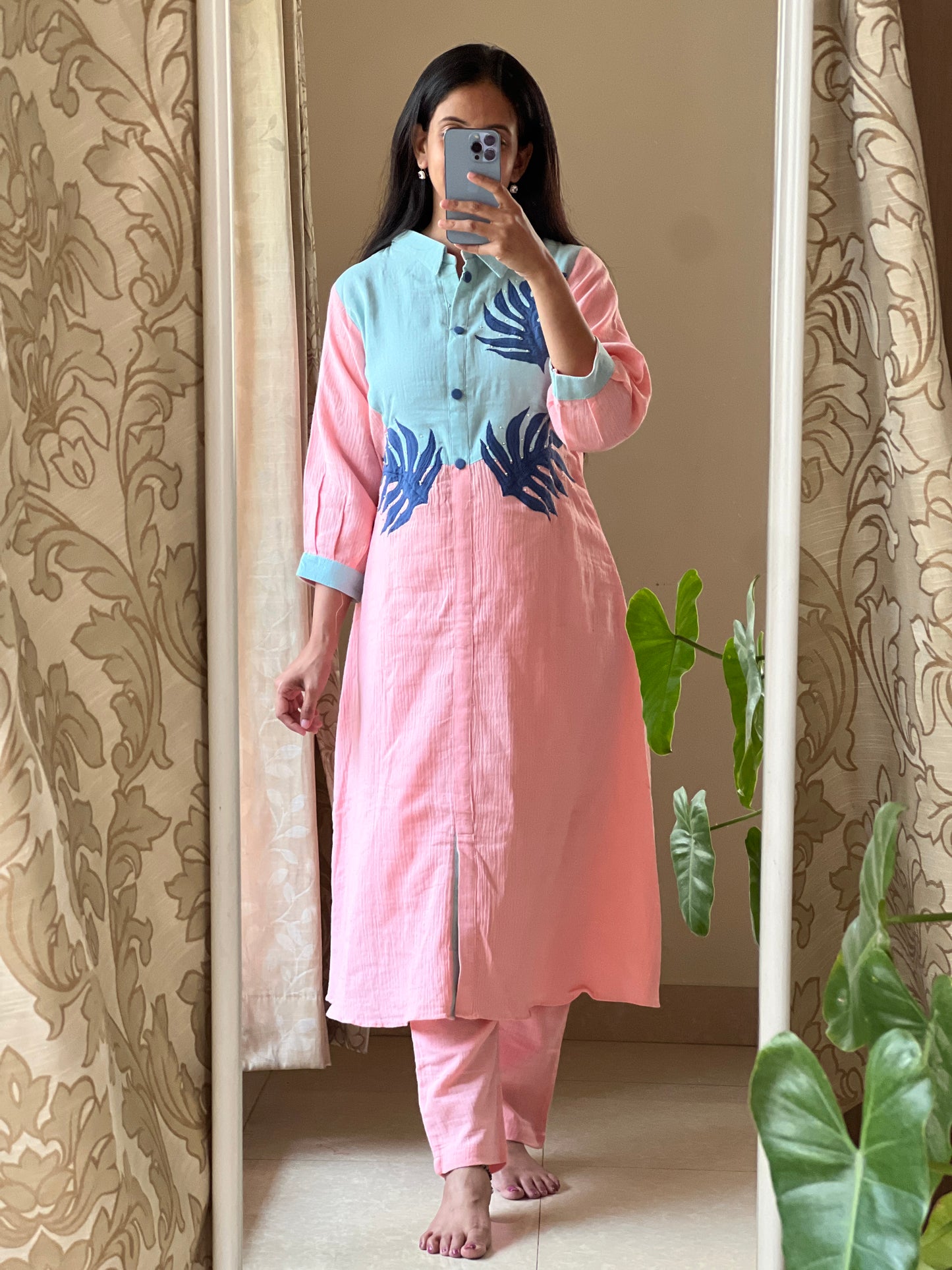 A0346 blue & peach premium crushed cotton 2 piece dress with applique work detailing