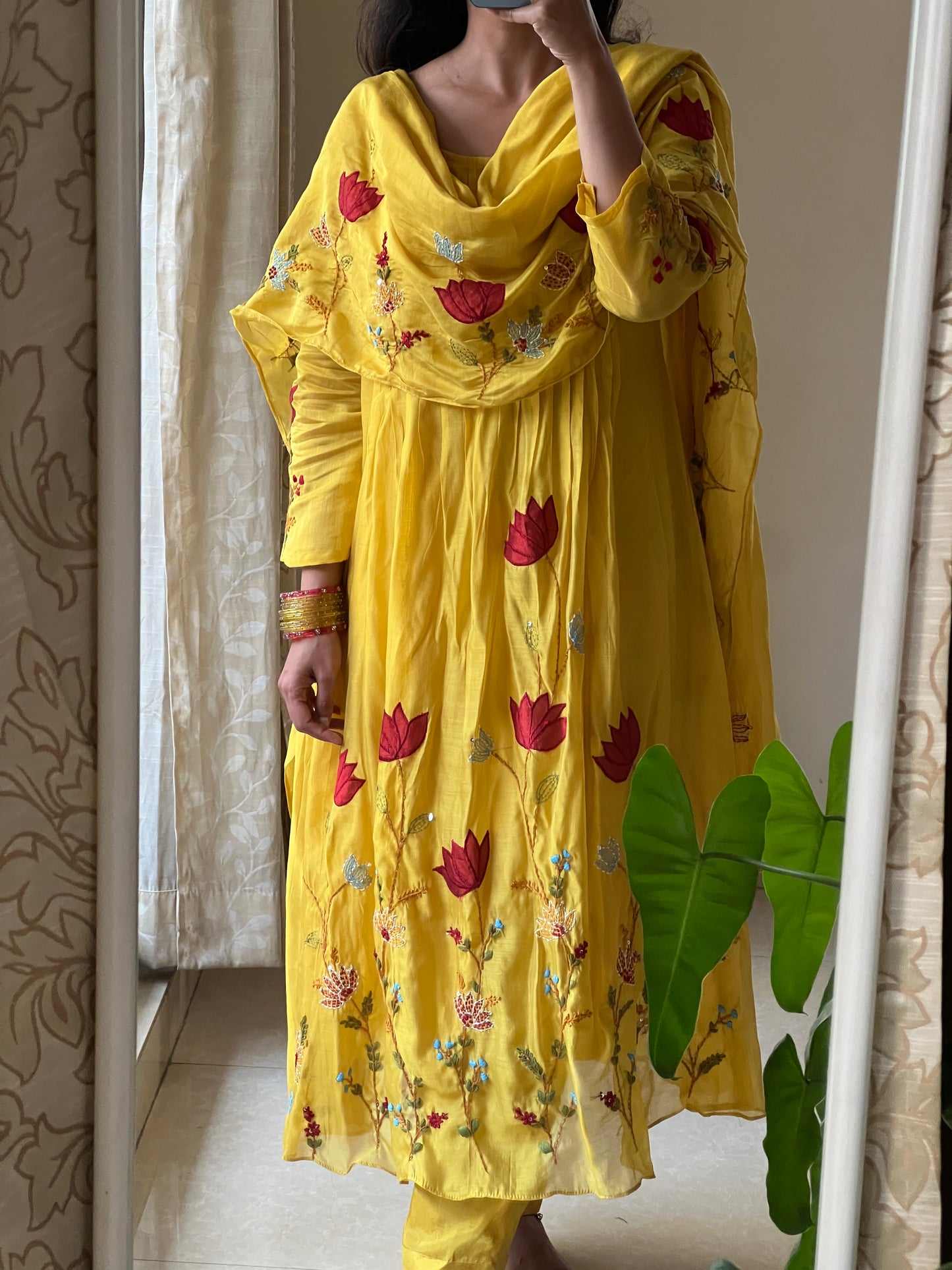 A0633 yellow Mul cahnderi 3 piece dress with applique, Kantha & hand embroidery detailing all over the duppatta & dress