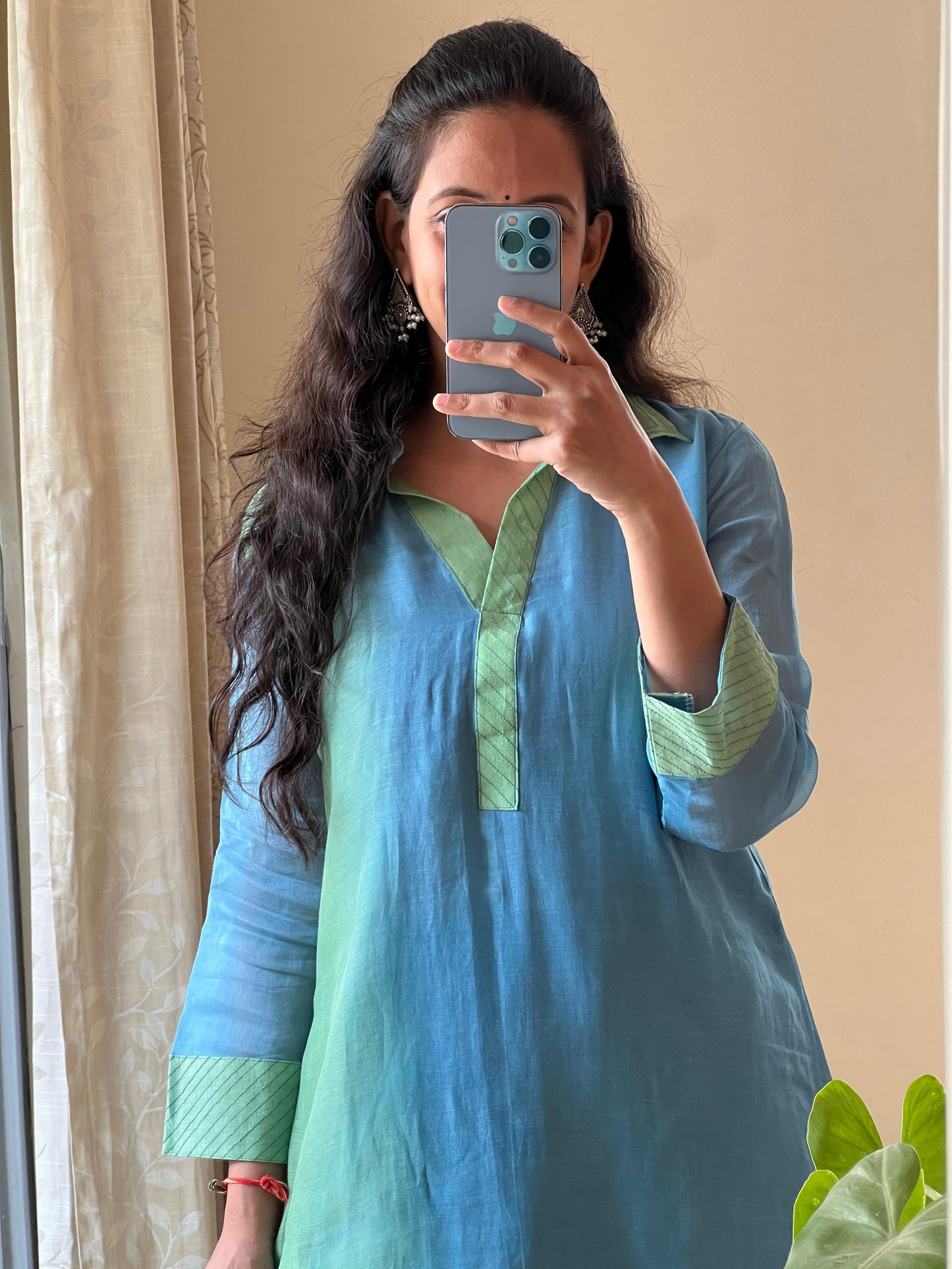 A0390 blue & green shaded Mul chanderi coord set cut work embroidery detailing