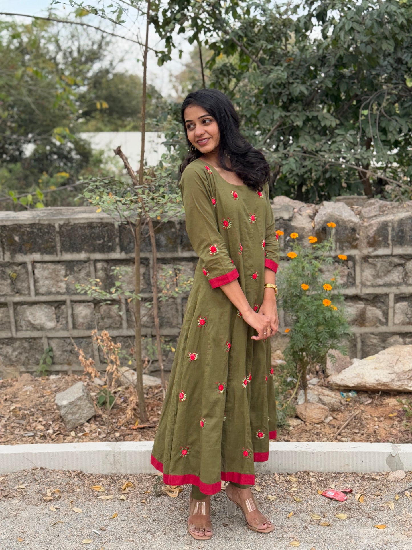 A0225 green Mulmul khali model two piece dress with rose hand embroidery detailing