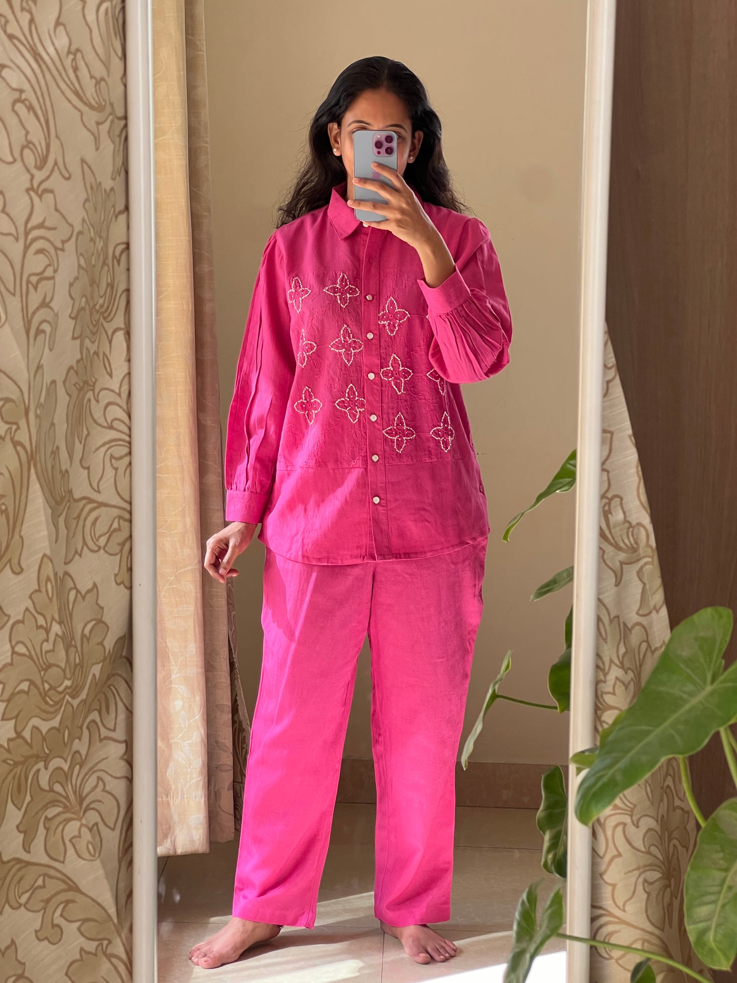 A0310 pink cotton coord set with machine and hand embroidery detailing