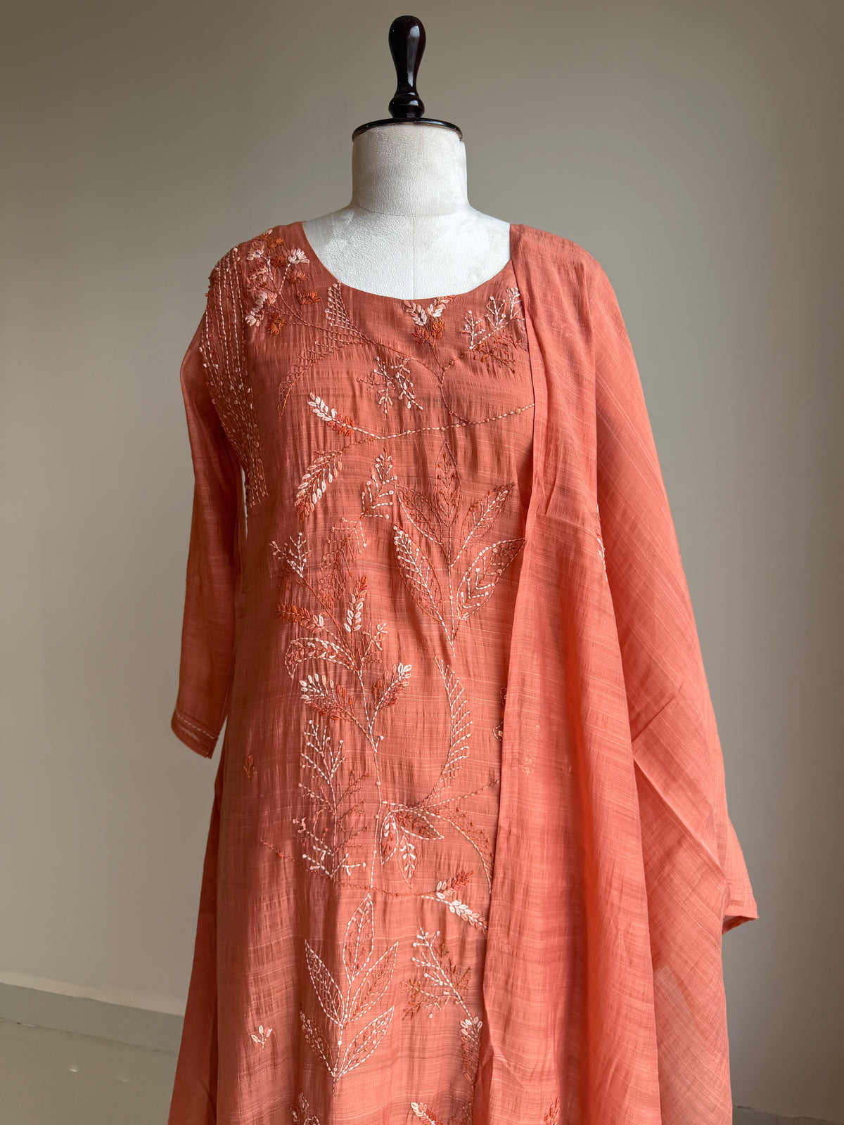 A0844 rust mul chanderi kantha work 3 piece dress