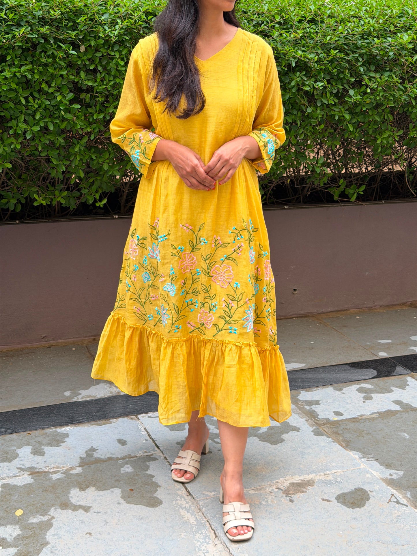 A0822 mustard mul chanderi one piece dress