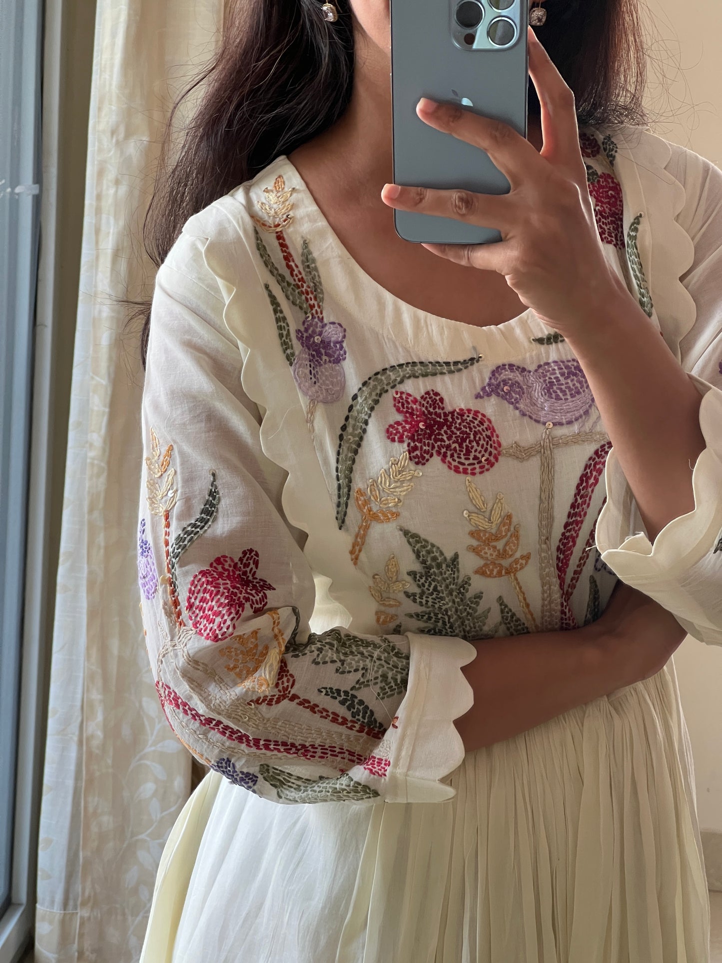 A0393 half white Mulmul one piece dress with kantha work detailing on yoke part