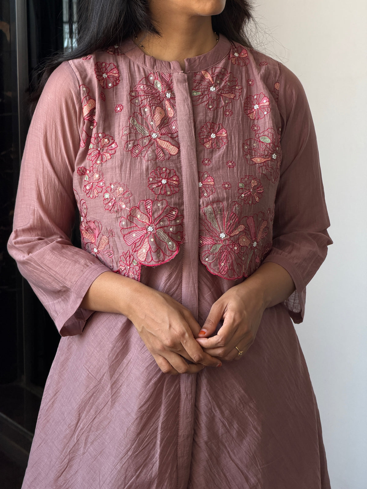 Brown Mul Chanderi 2pc Cord set with coat style look.