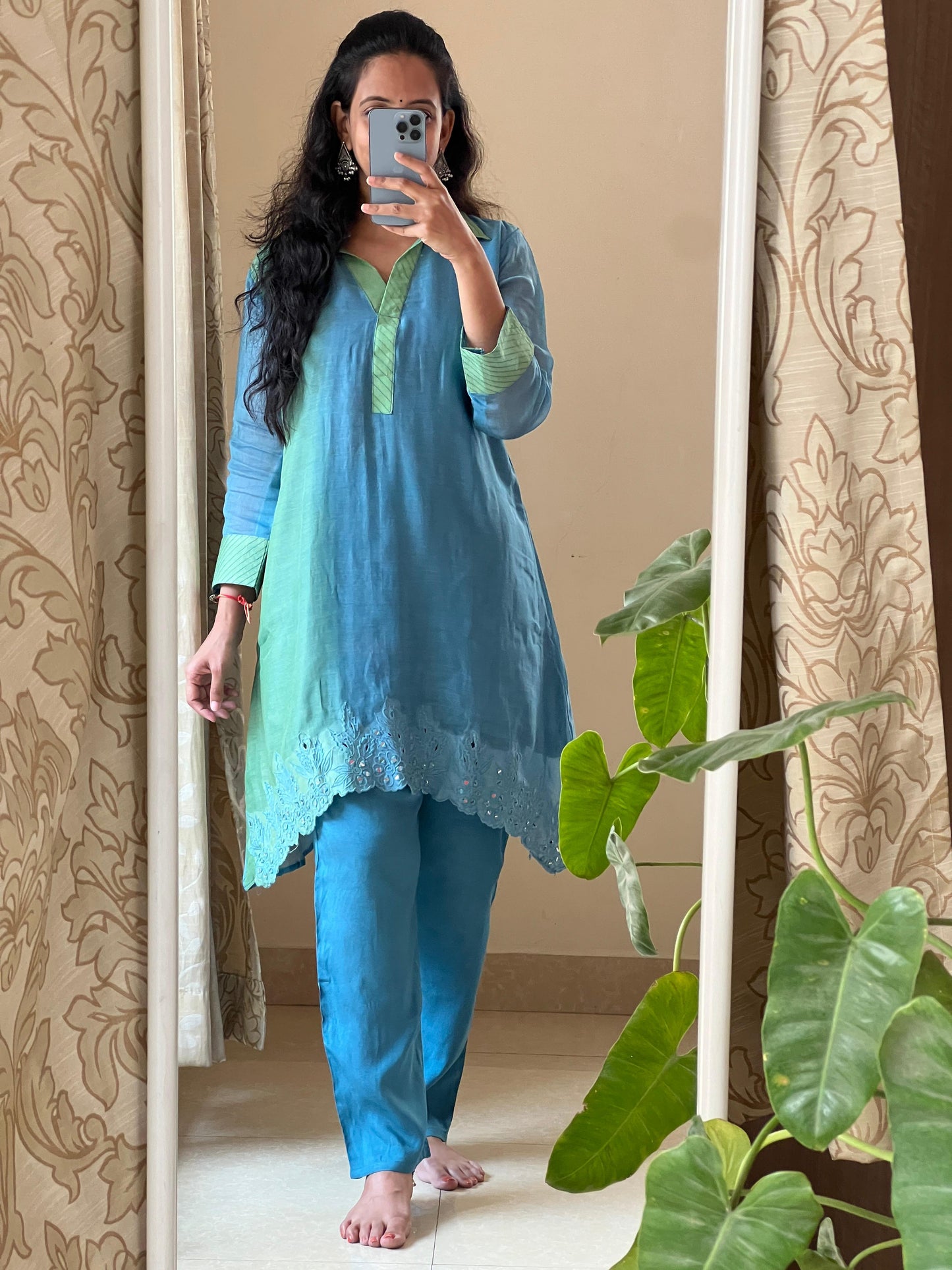 A0390 blue & green shaded Mul chanderi coord set cut work embroidery detailing