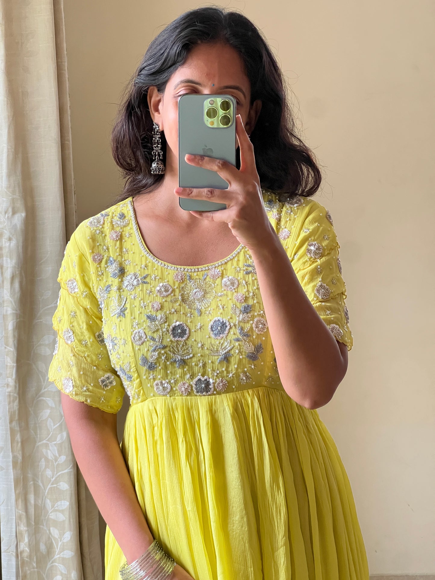 A0496 yellow chinnon one piece dress with beads, zardosi & chips embroidery