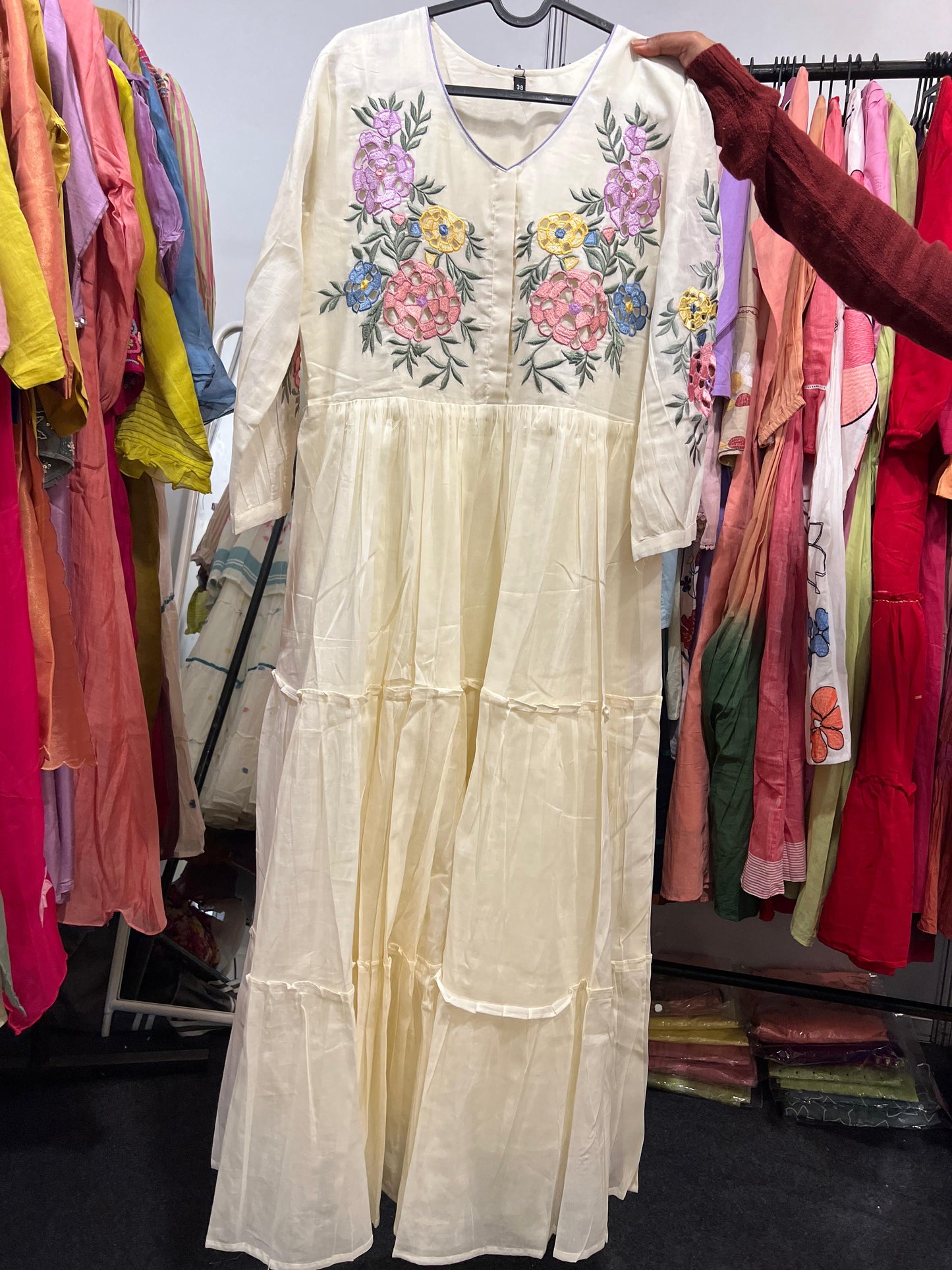 A0216 half white Mulmul one piece dress with cut work embroidery