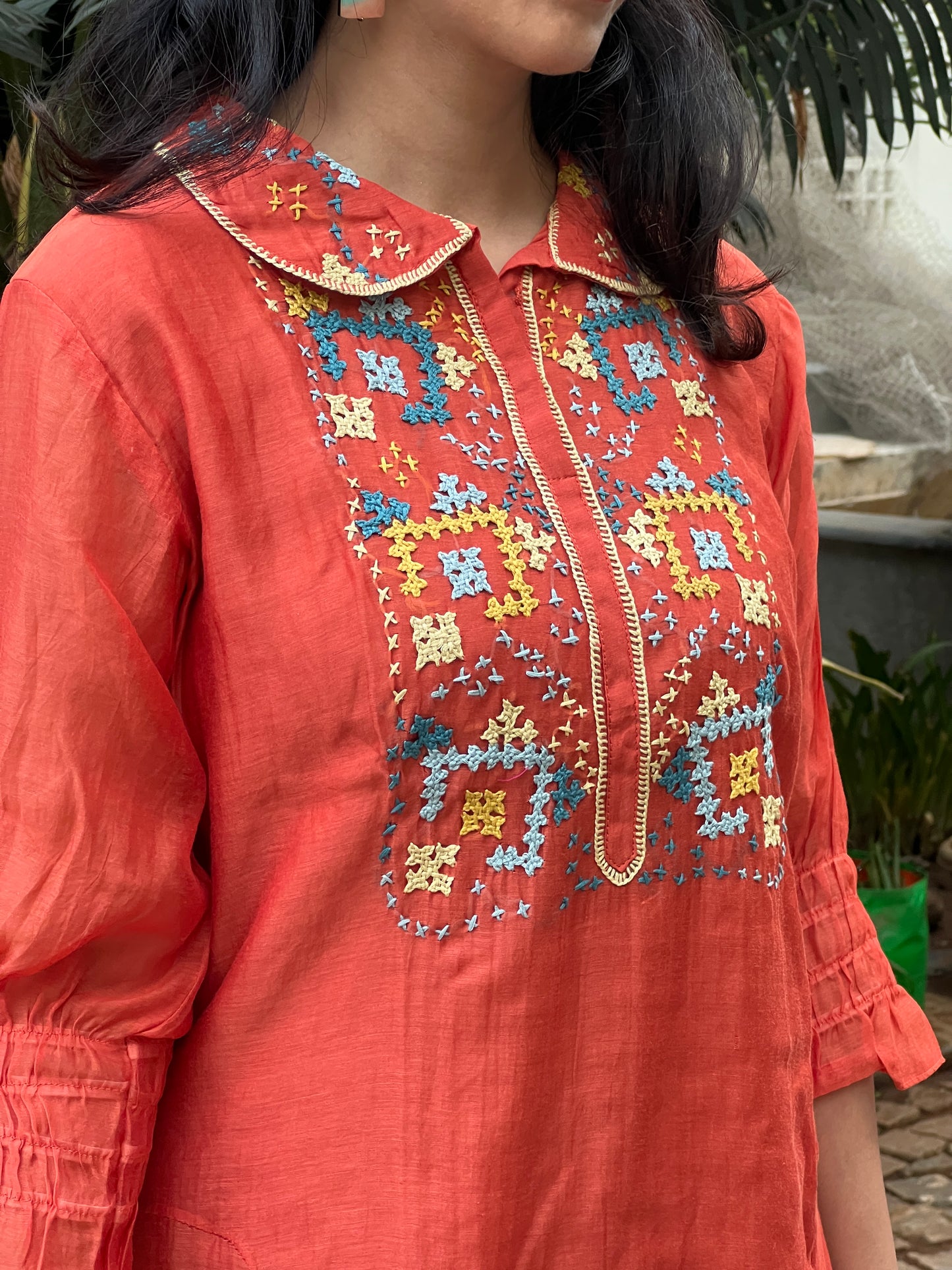 A0612 rust mul chanderi coord set with Kutch work embroidery