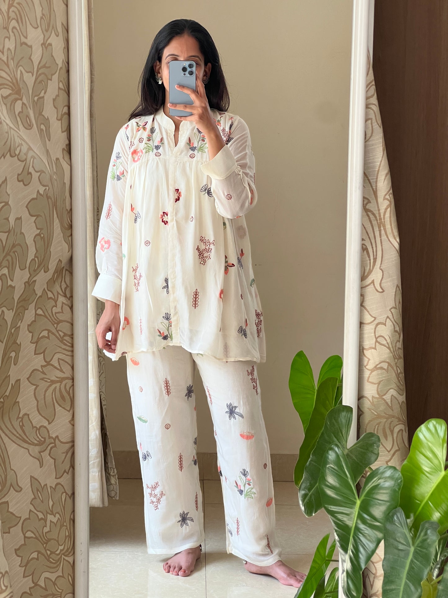 A0508 half white chinnon coord set with embroidery butties all over the dress