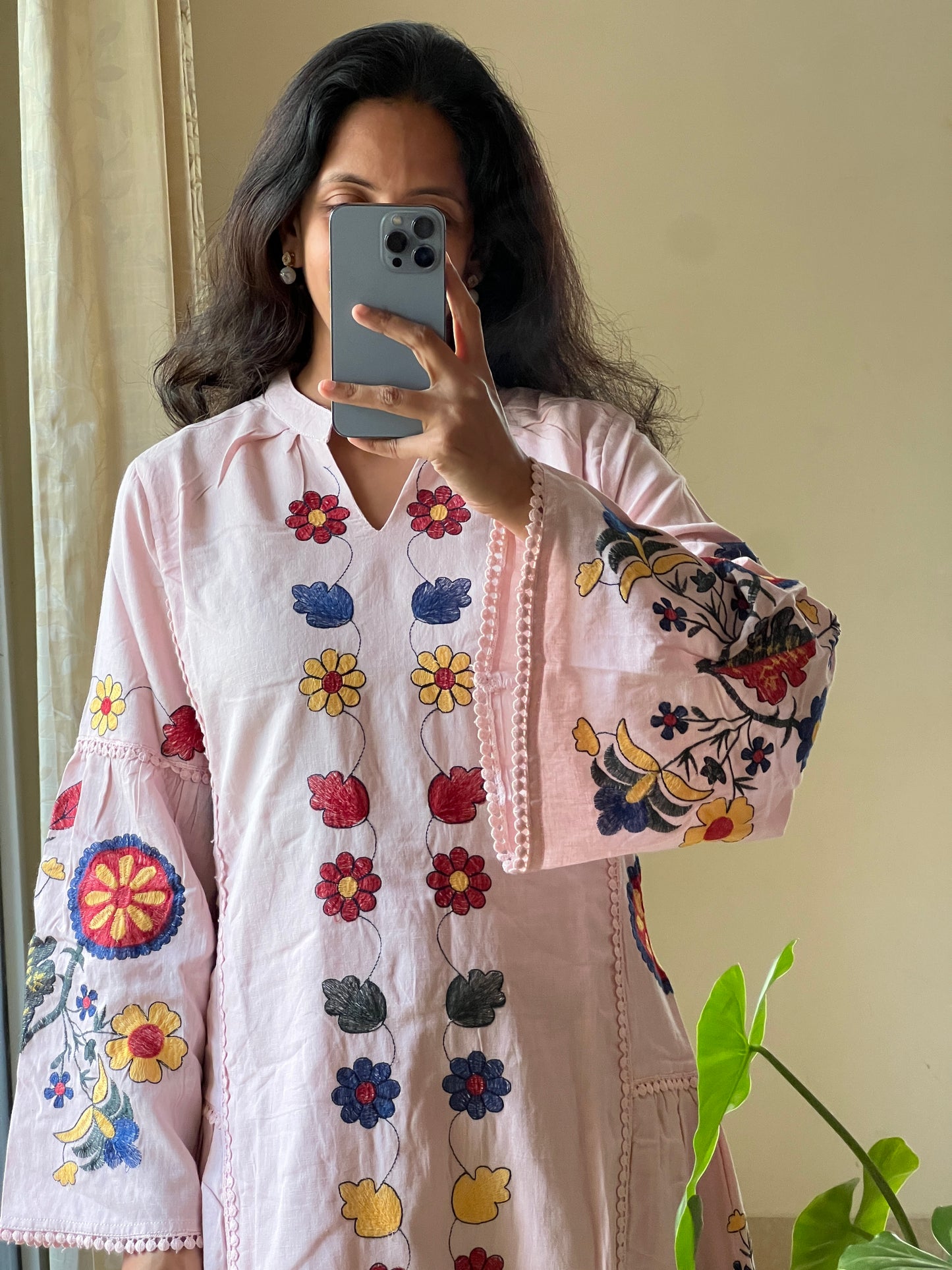A0138 Nude Pink Premium Cotton Short frock with Machine Embroidery