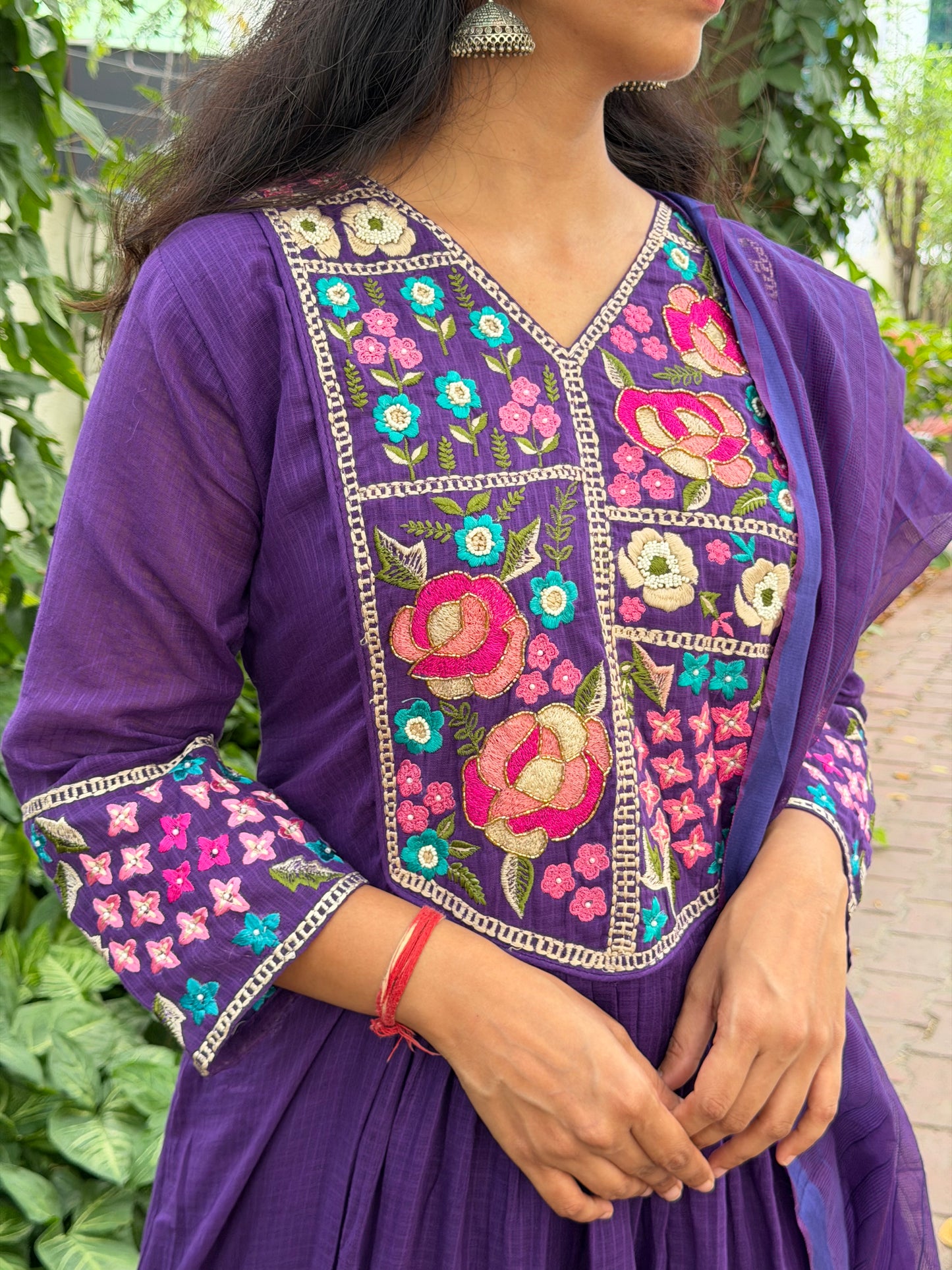 A0682 purple cotton kota 3 piece dress with embroidery on yoke part