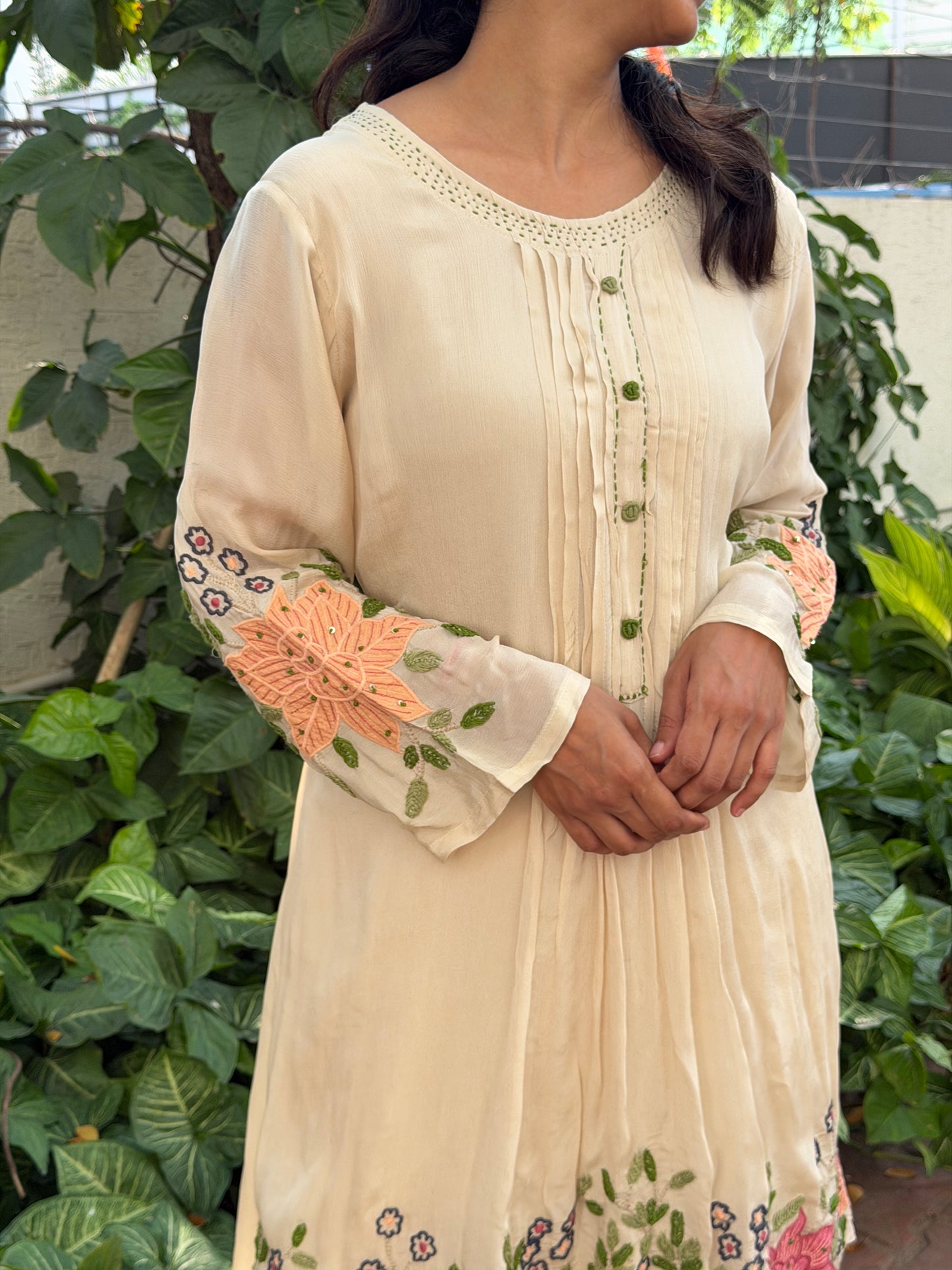 A0696 cream Chinnon coord set with hand embroidery & applique work detailing comes with plazzo pants