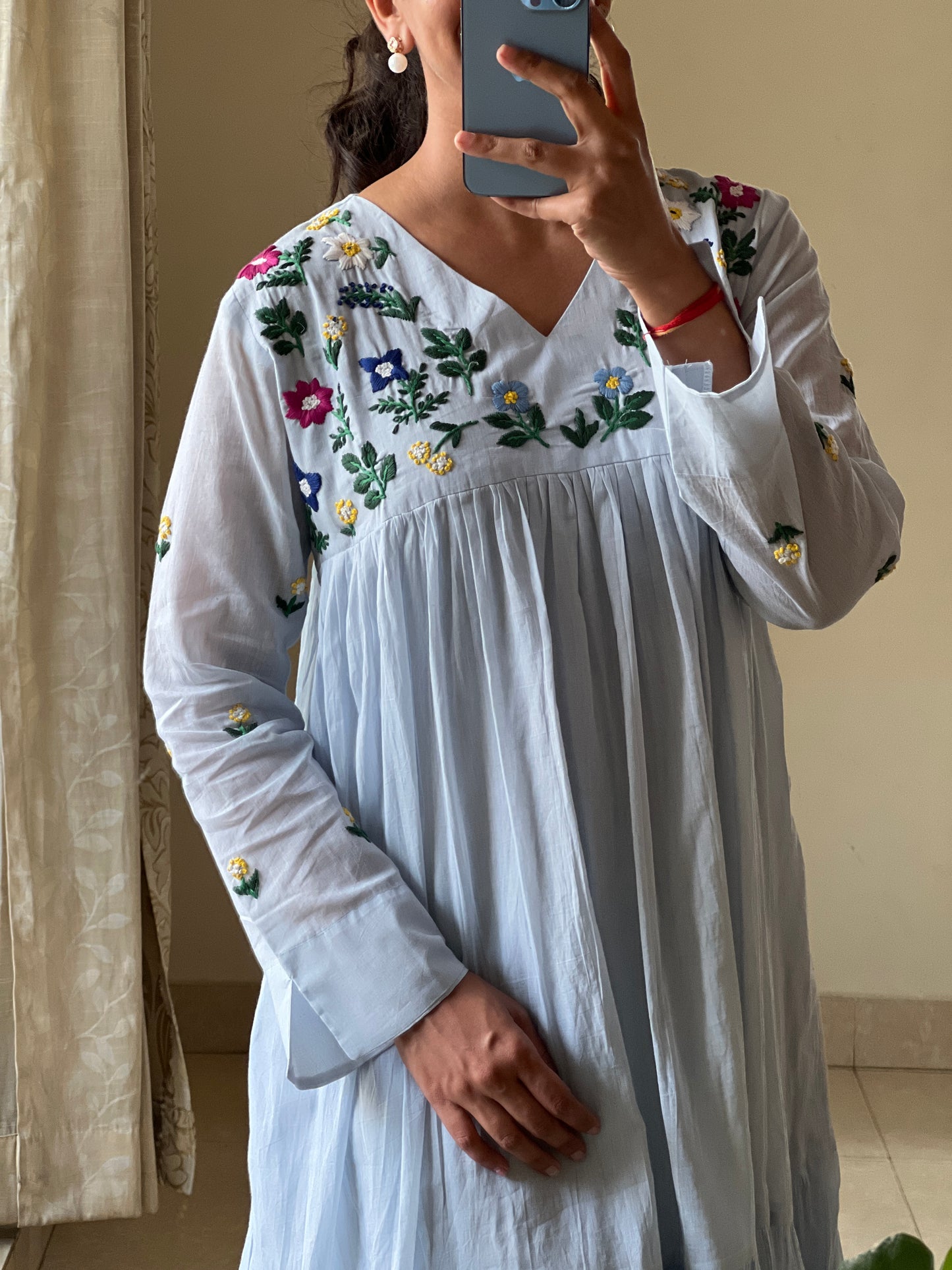 A0648 ice blue Mulmul one piece dress with hand embroidery detailing on yoke part