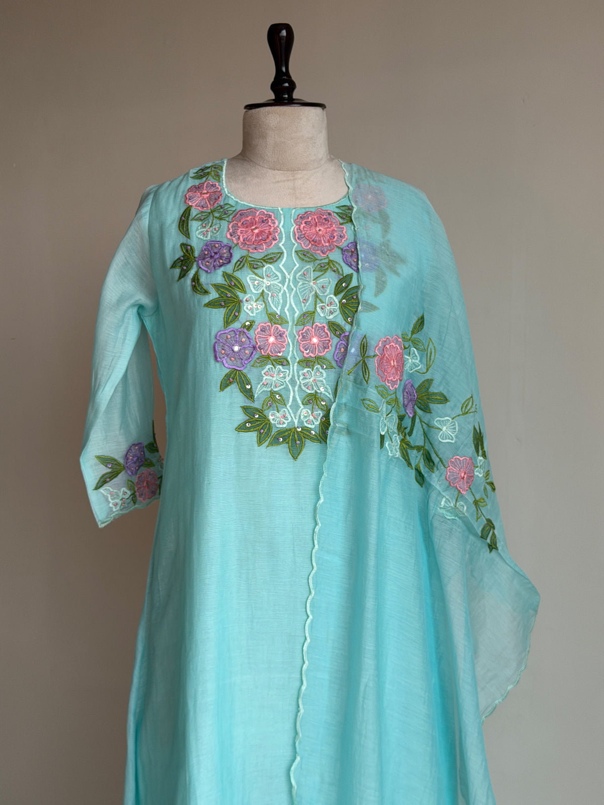 A0848 blue mul chanderi applique work 3 piece dress