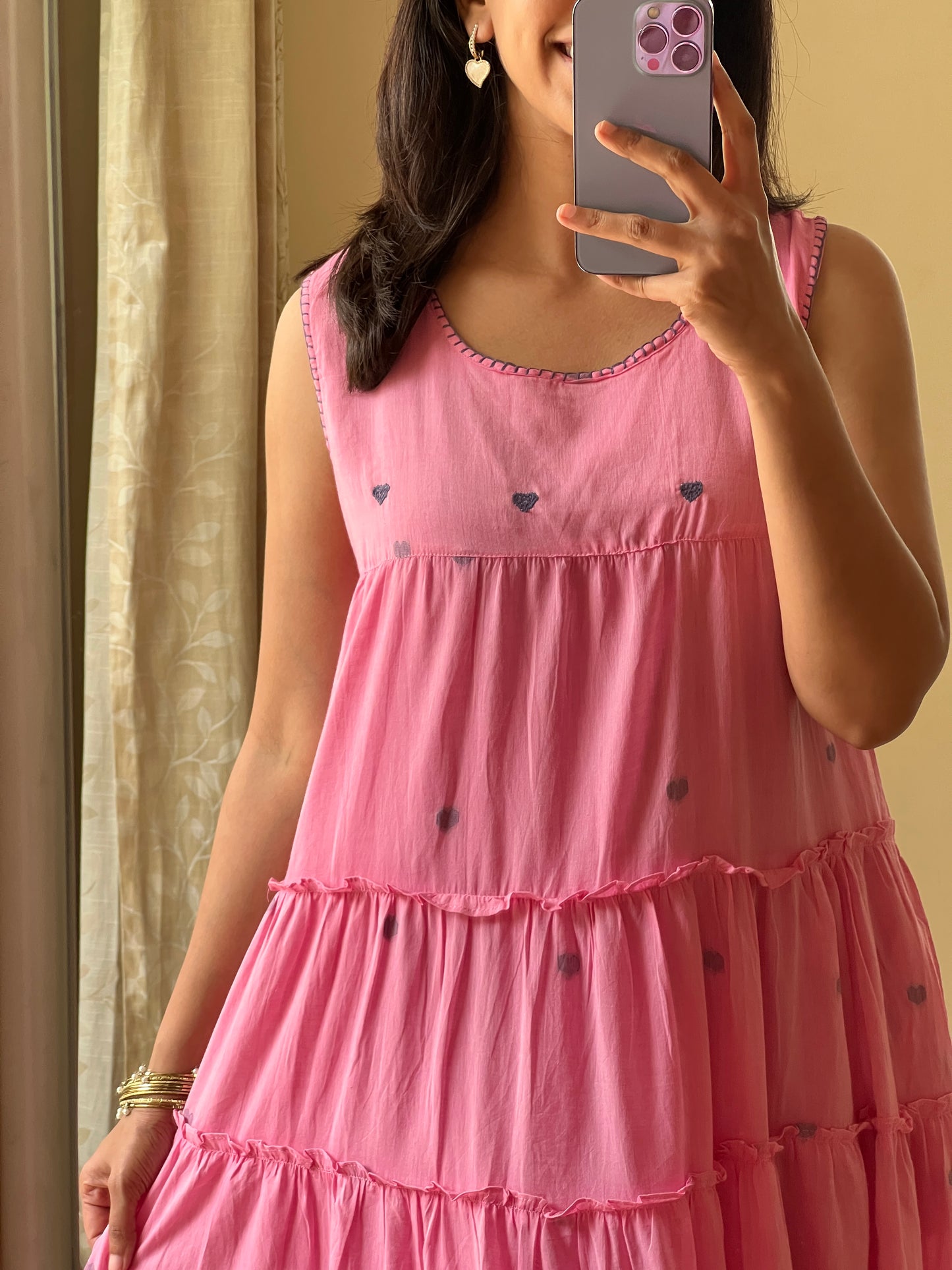 A0489 Pink heart Bengal cotton jamdani one piece dress comes with sleeves inside