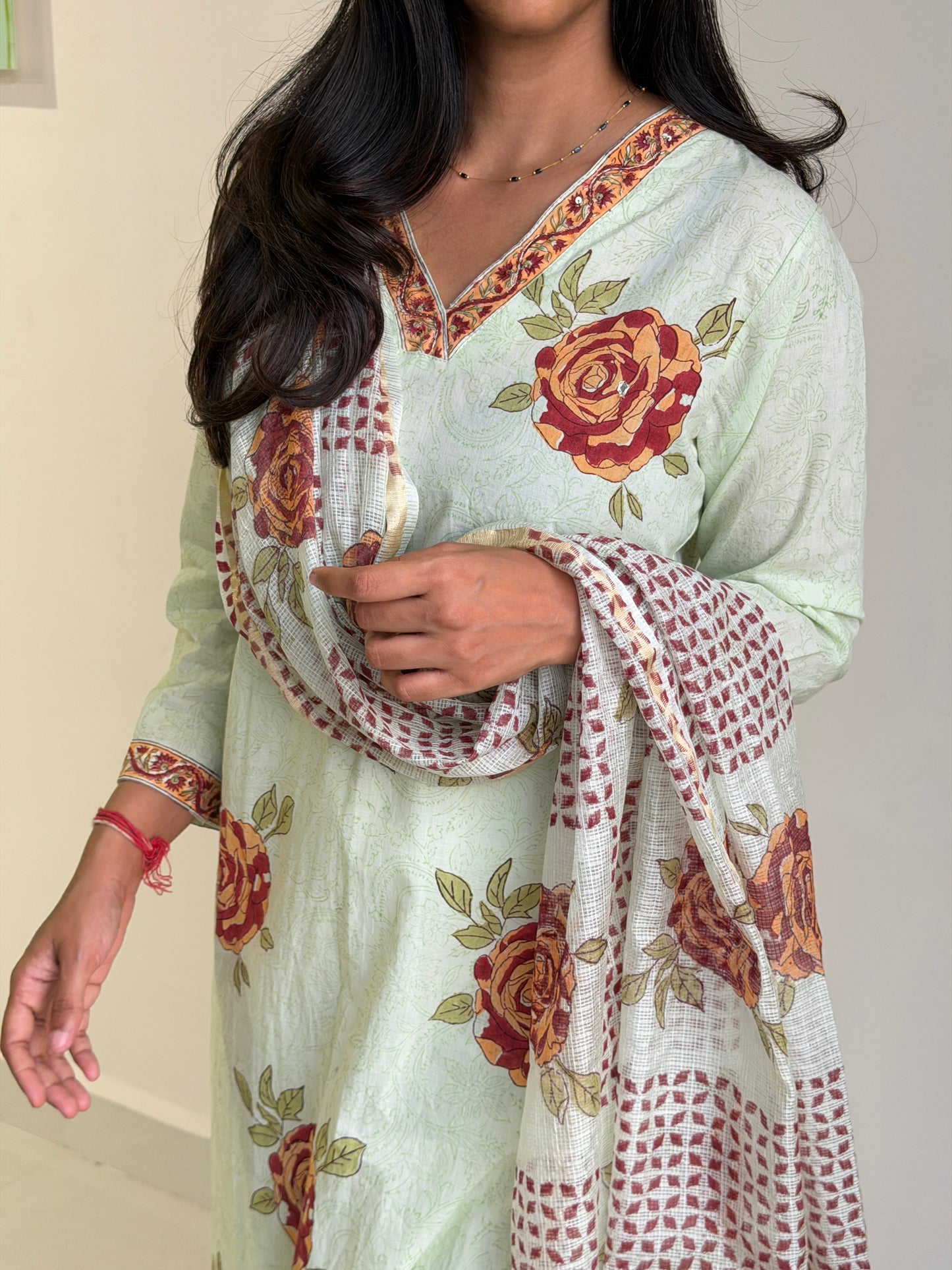 A0723 pista green cotton roses printed 3 piece dress with Kota Doria duppatta