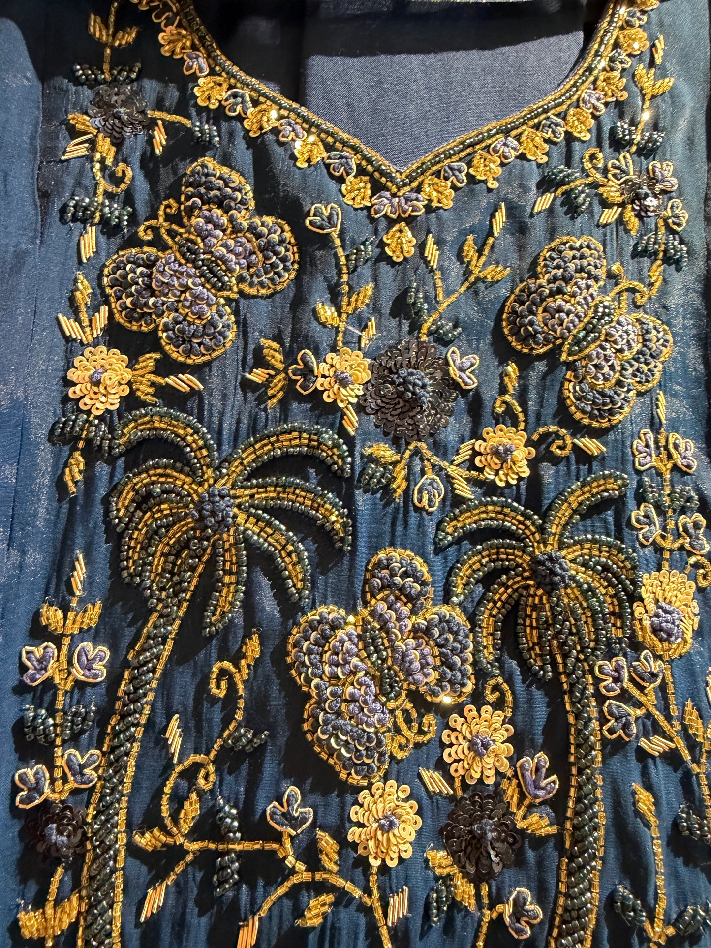 Mul Chanderi Blue 3pc set with beautiful hand beads detailing.