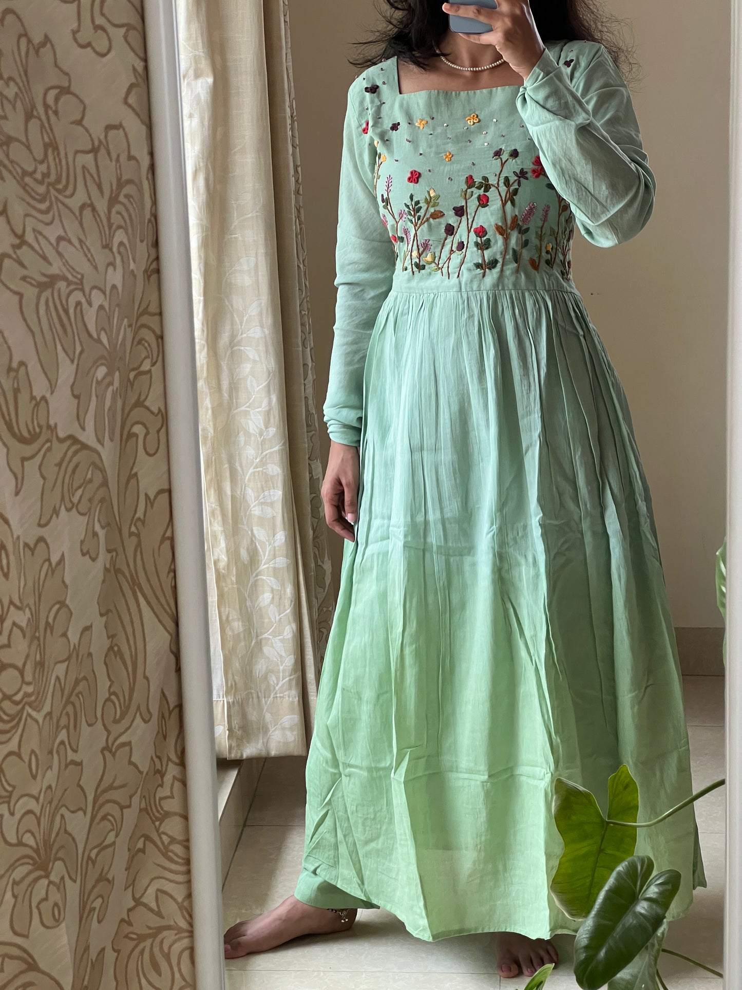 #9141 Mulmul green shaded 2 piece dress with hand embroidery