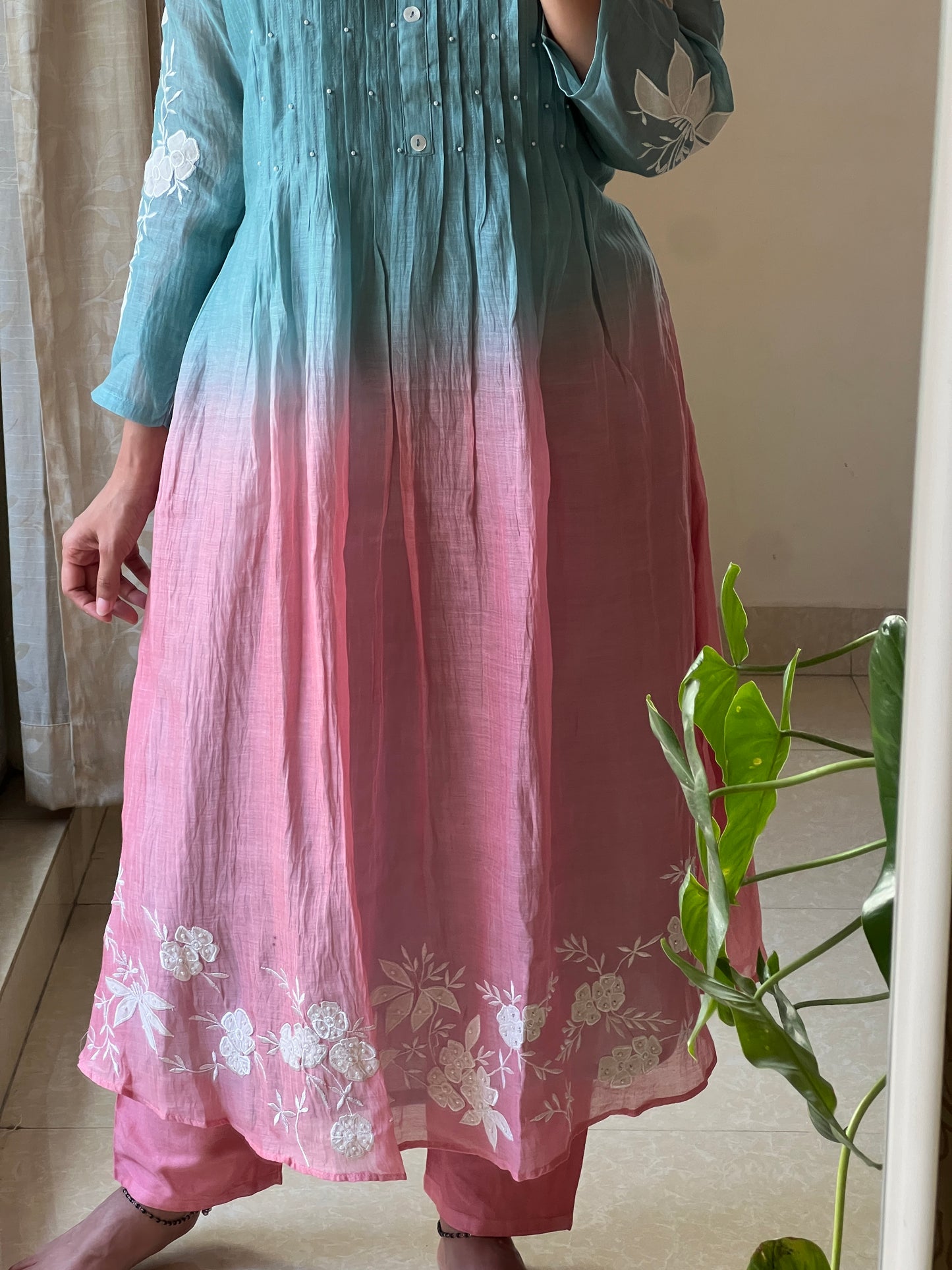 A0410 Premium Mul chanderi Dual shaded 2 piece dress with pearl and appliqué work detailing