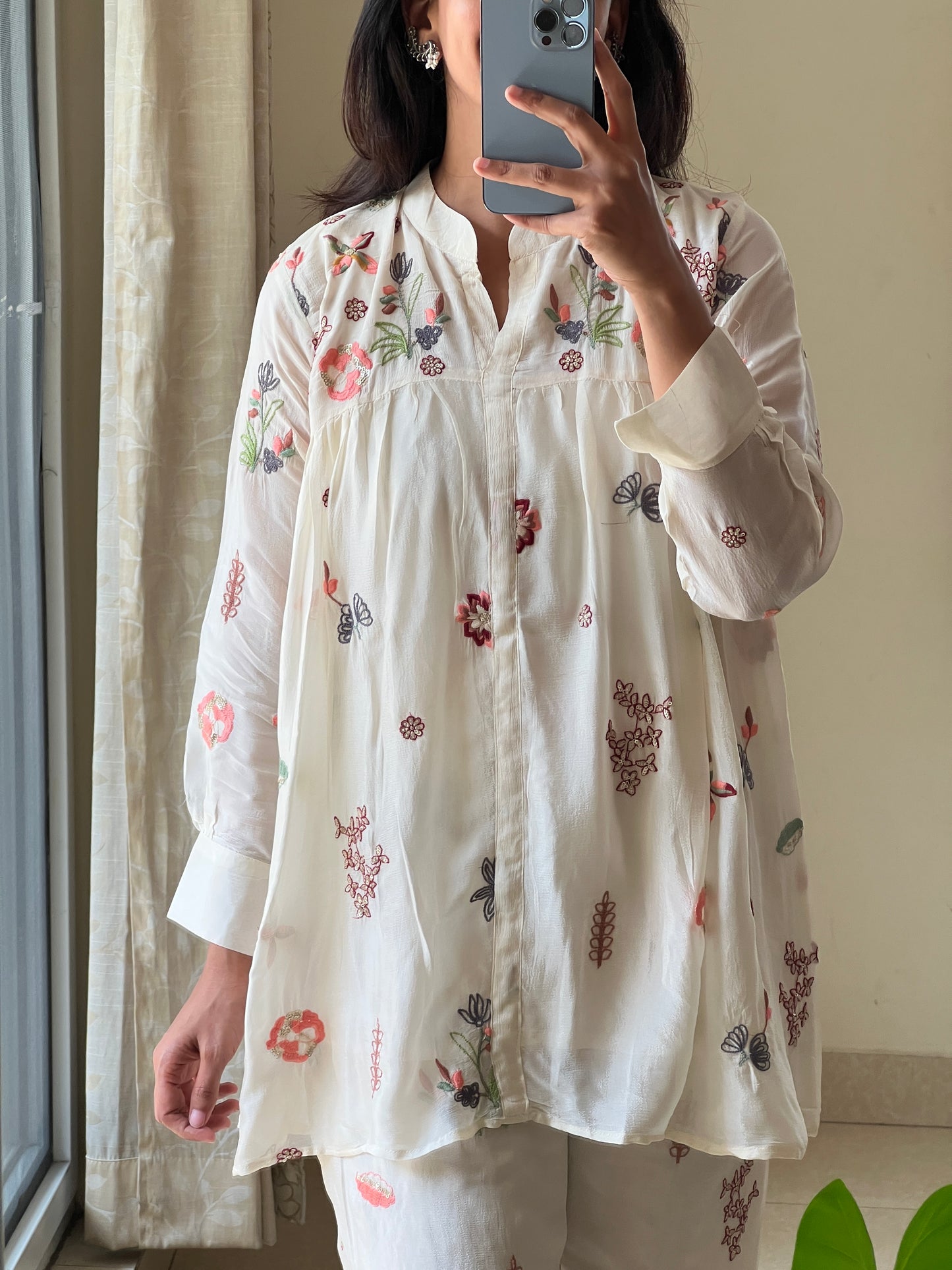 A0508 half white chinnon coord set with embroidery butties all over the dress