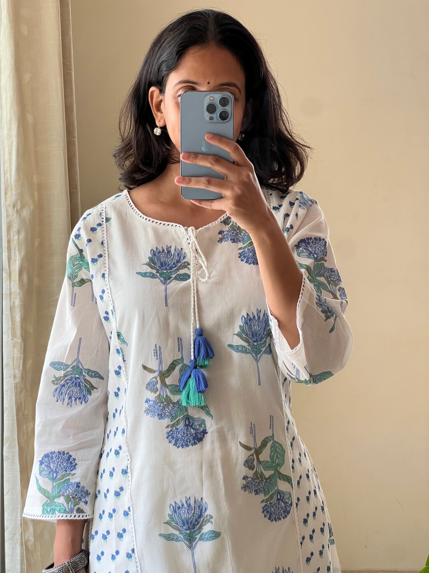 A0447 white & blue mul cotton digital floral printed 2 piece dress comes with complete attached lining