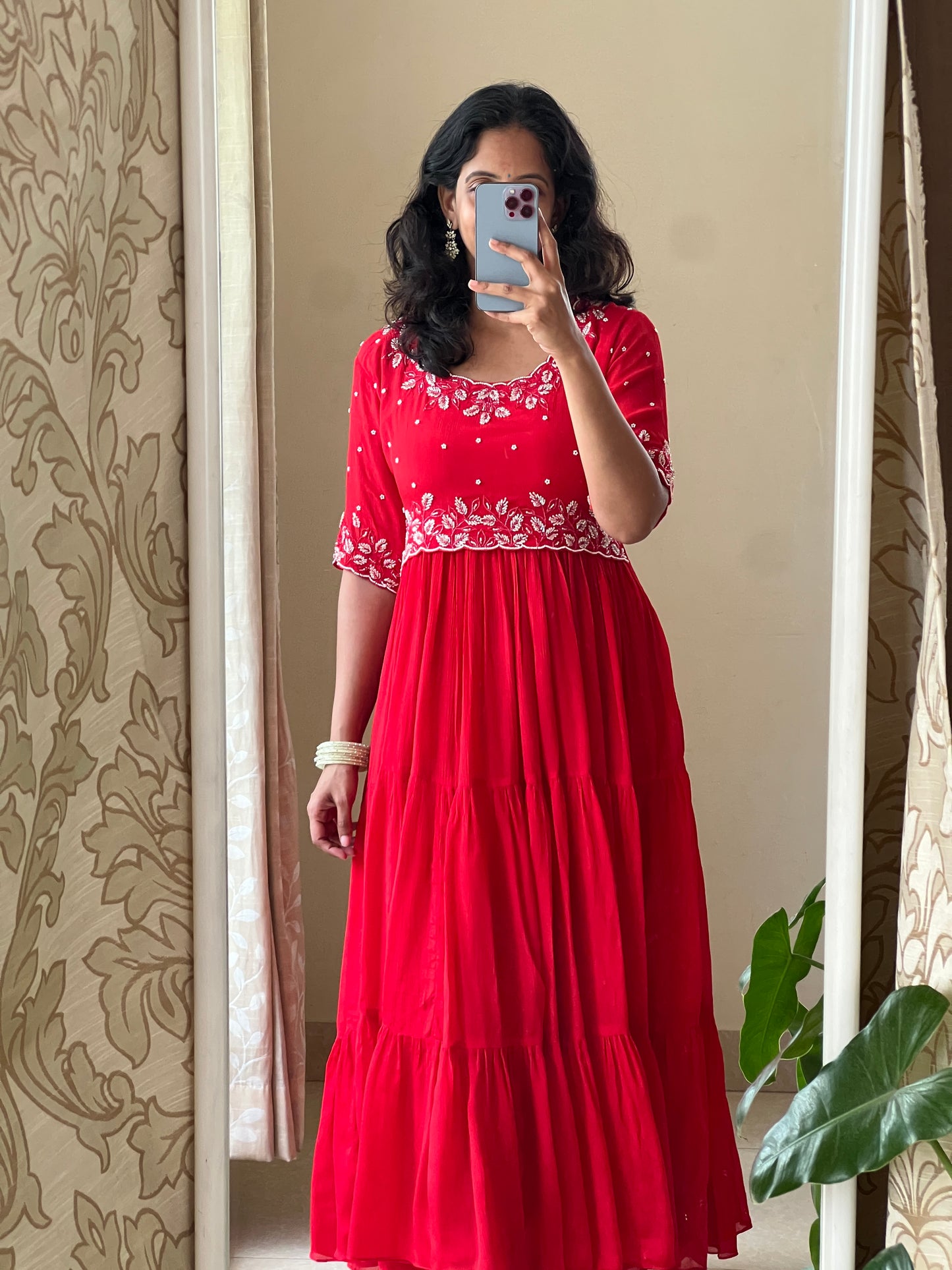 A0495 red chinnon one piece dress with moti & beads work