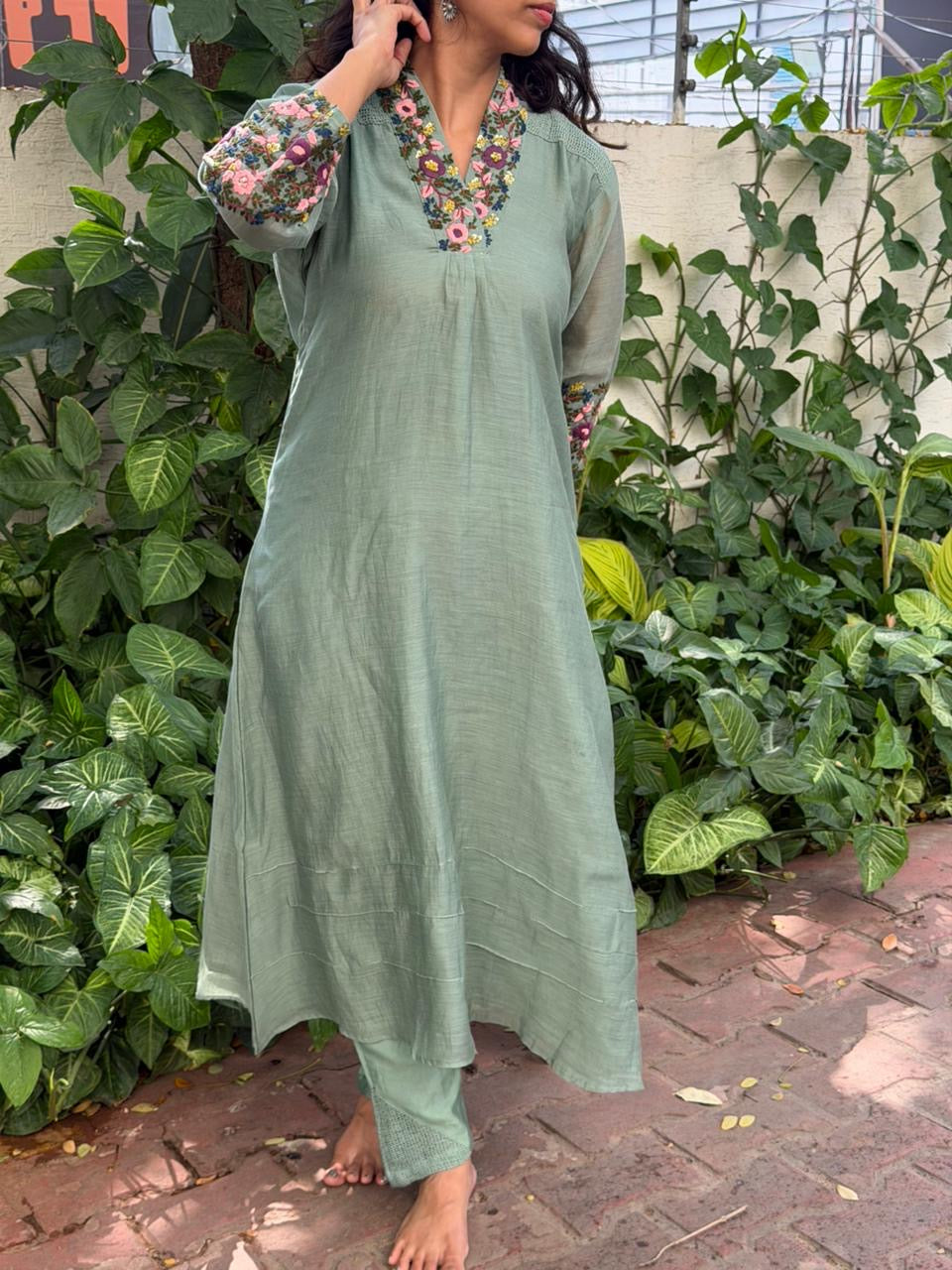 A0619 green Mul chanderi coord set with hand embroidery & lace detailing