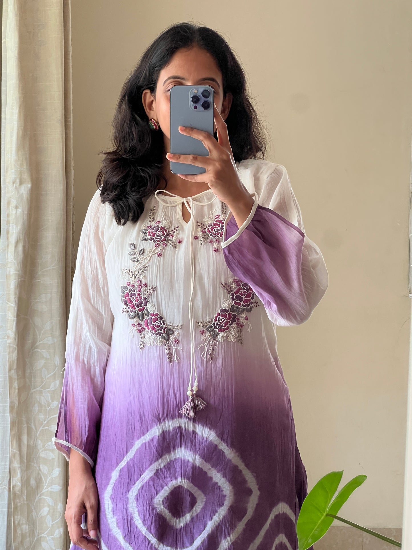 A0500 white & purple tie dye mul chanderi coord set with hand embroidery detailing on yoke part