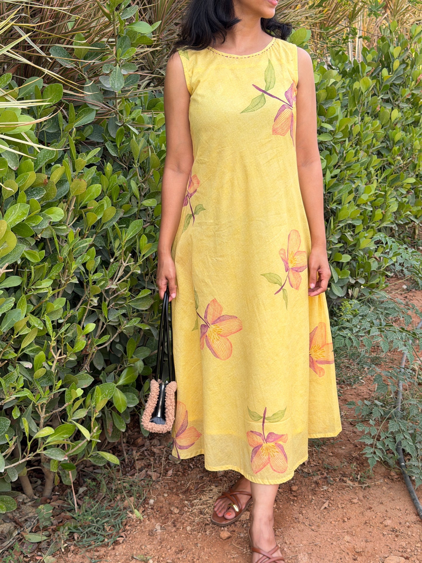 A0749 yellow mul cotton digital printed dress comes with lining