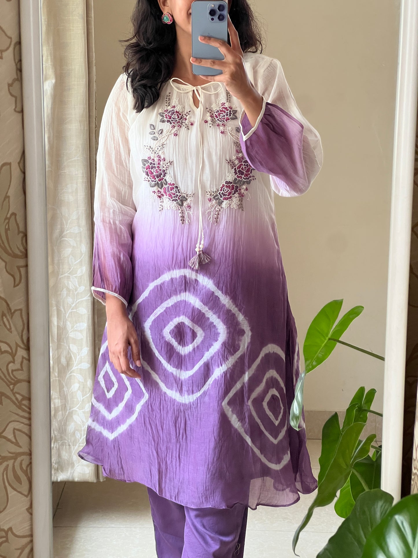 A0500 white & purple tie dye mul chanderi coord set with hand embroidery detailing on yoke part