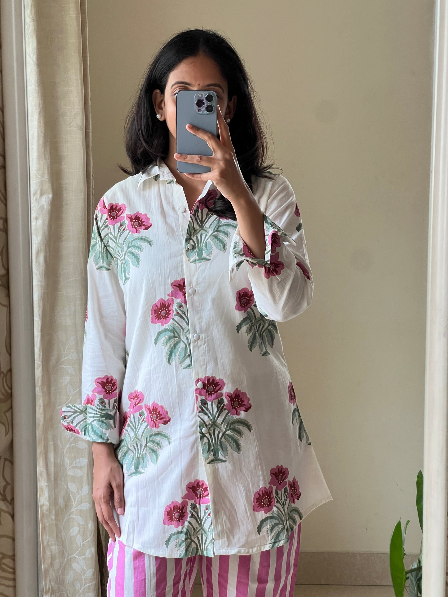 A0476 white & pink pure cotton hand block printed coord set