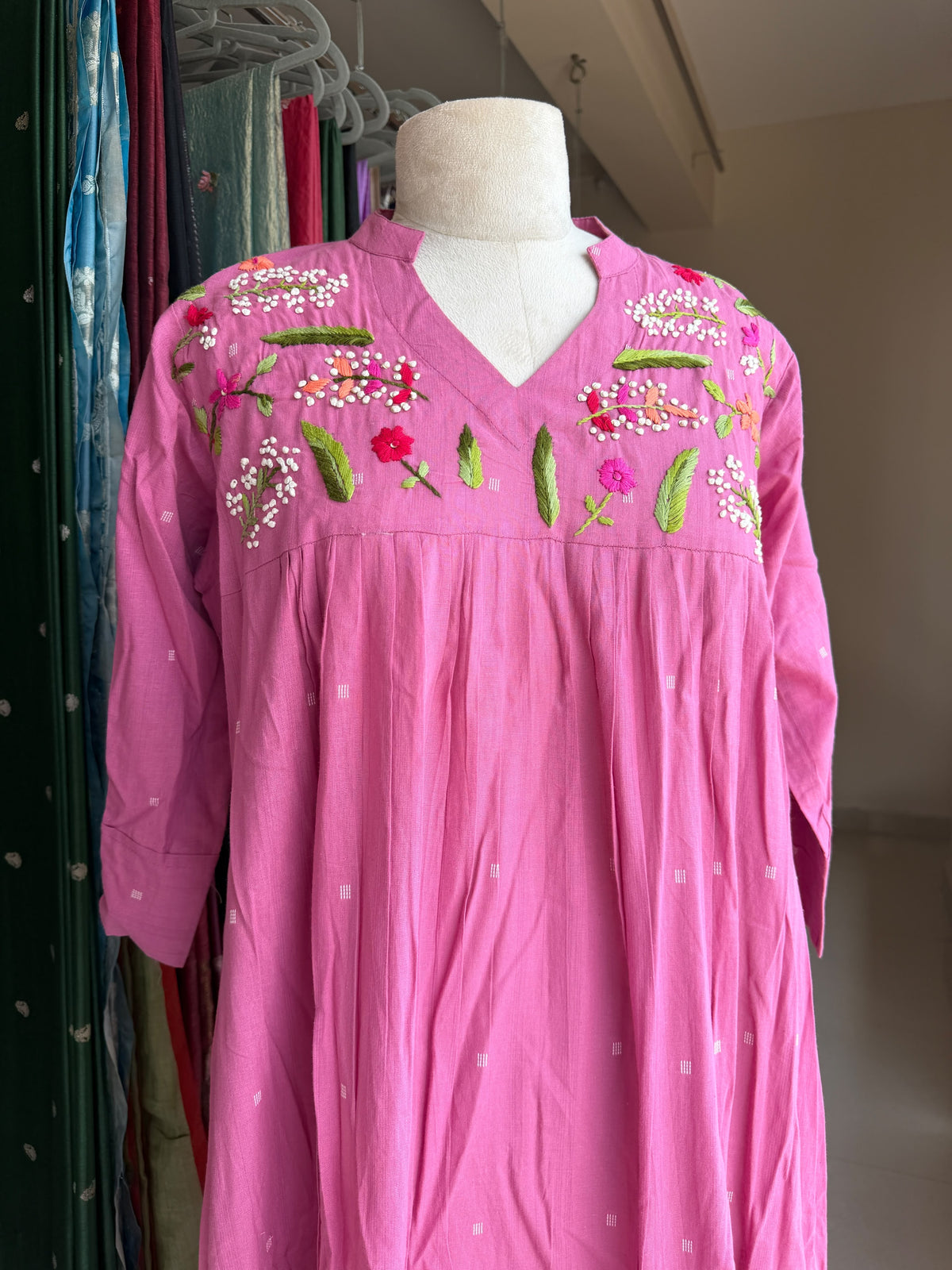 A0052 handloom cotton weave one piece high low dress with hand embroidery