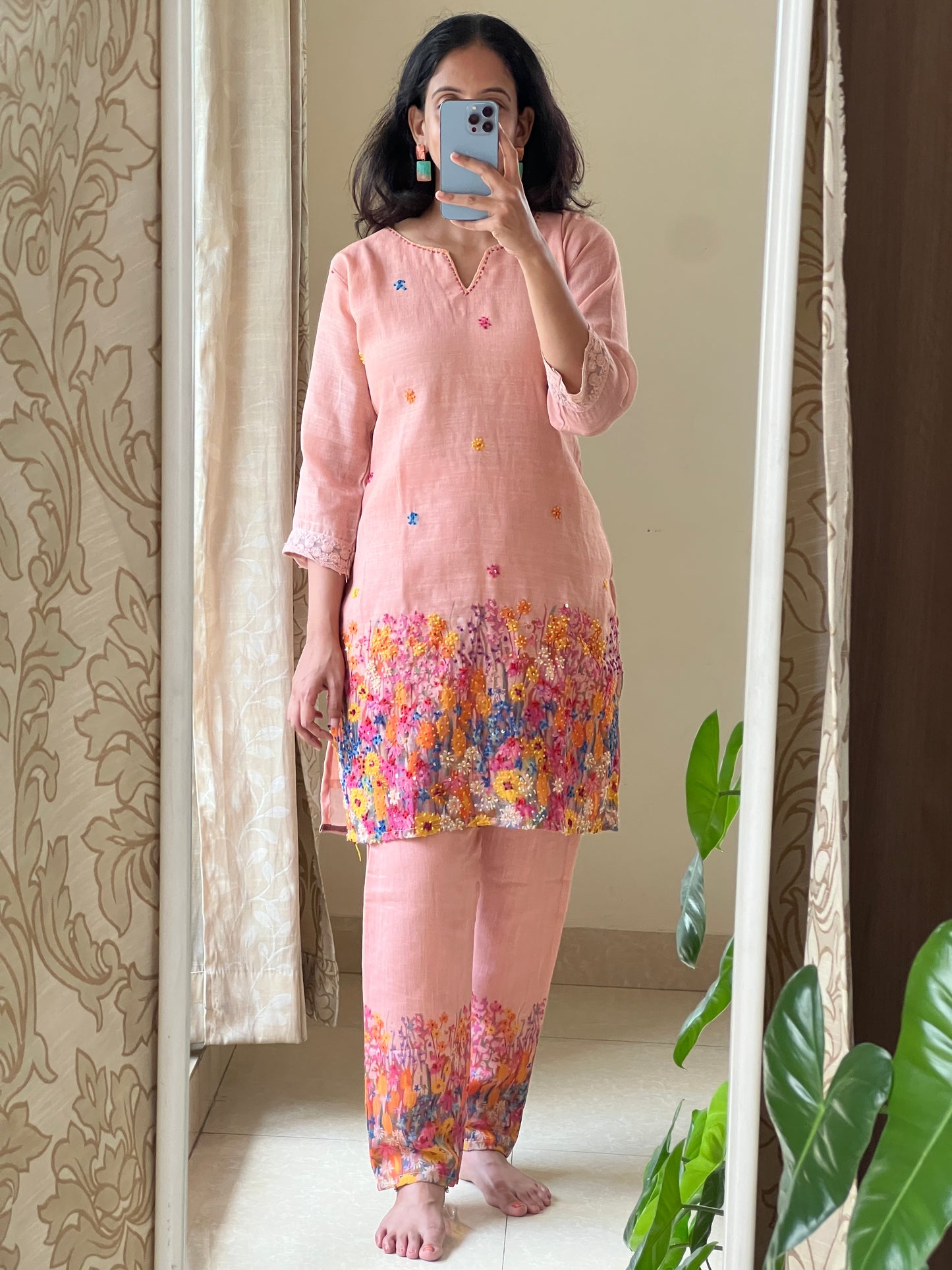 A0529 peach Lenin coord set with floral printed & knot work embroidery over the top & bottom