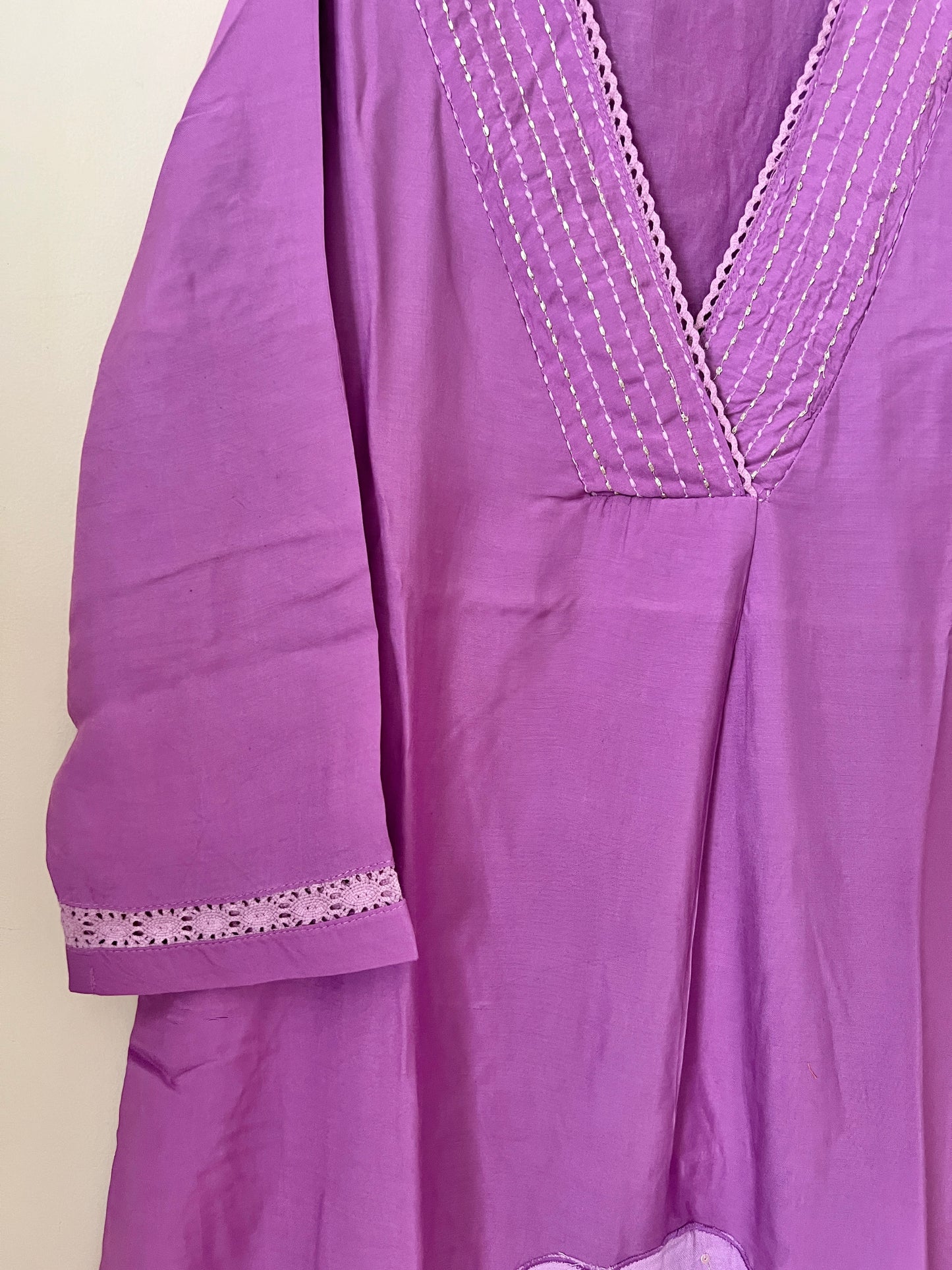 A0208 lavender muslin two piece set with big flower applique work detailing
