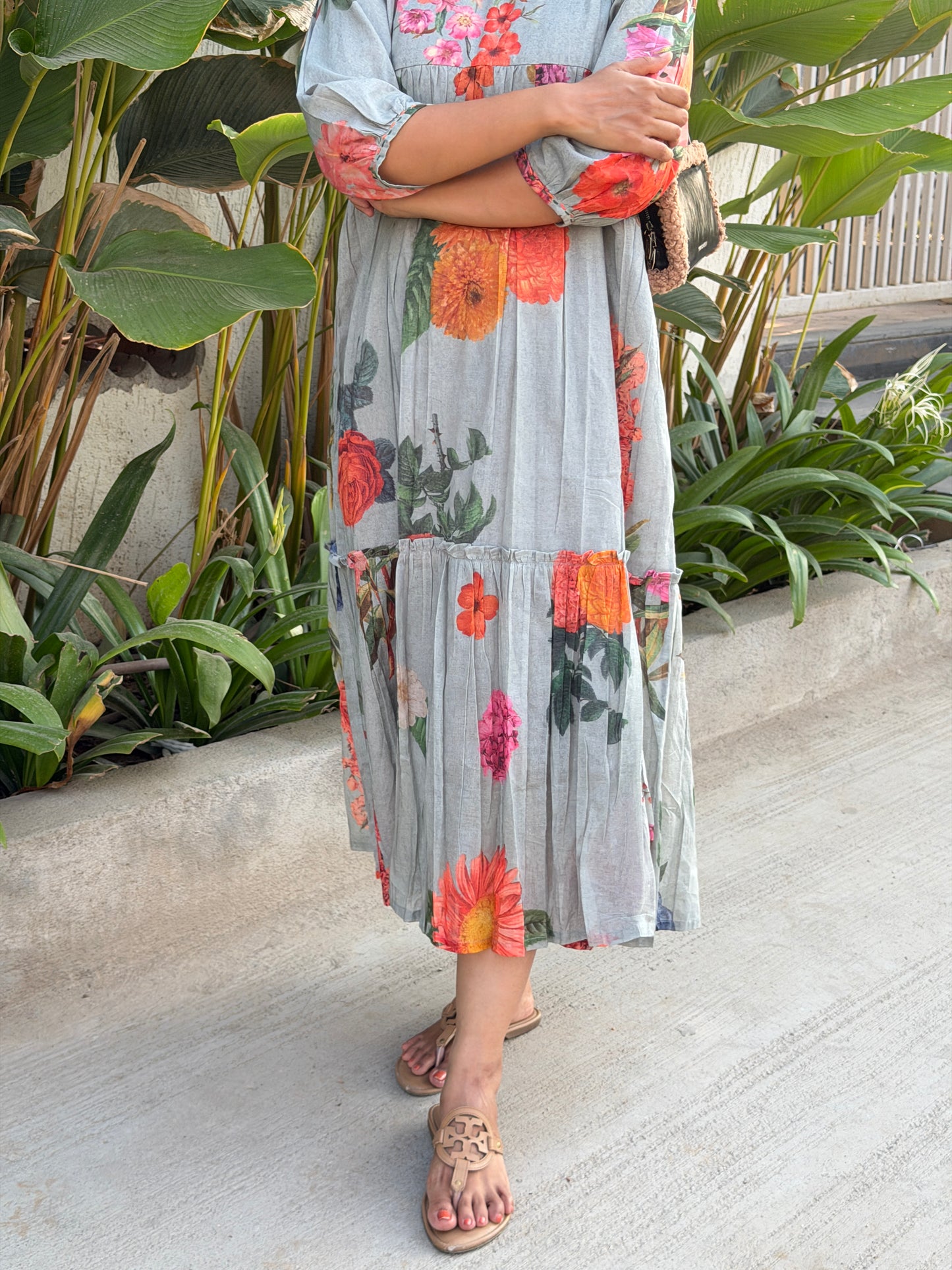A0742 Sage grey Mul cotton digital print dress