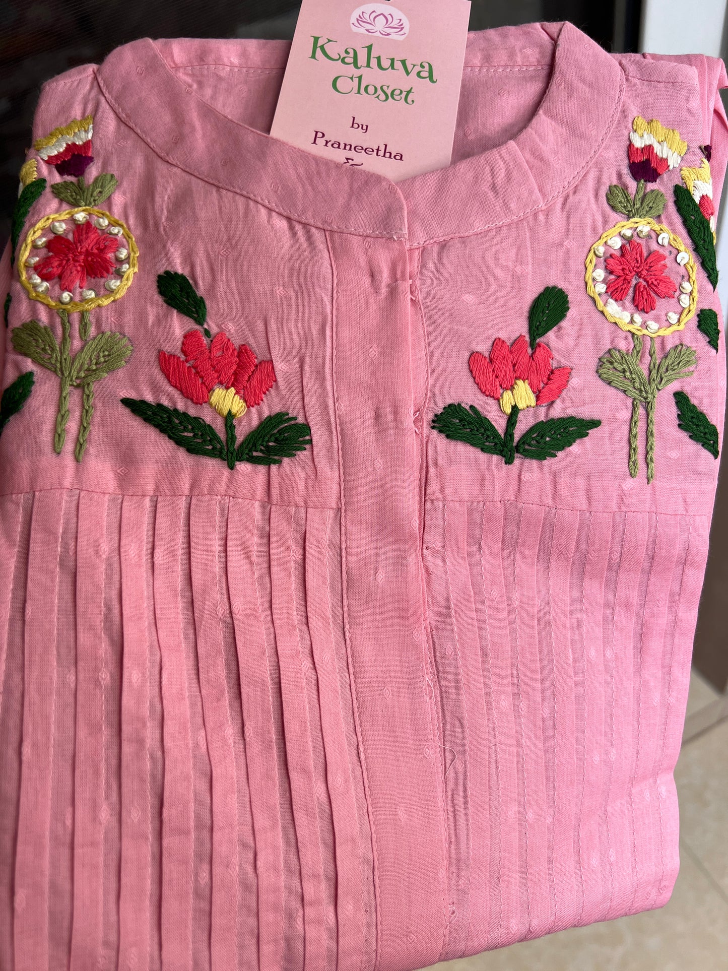 A0120 Mulmul pink one piece dress with hand embroidery detailing