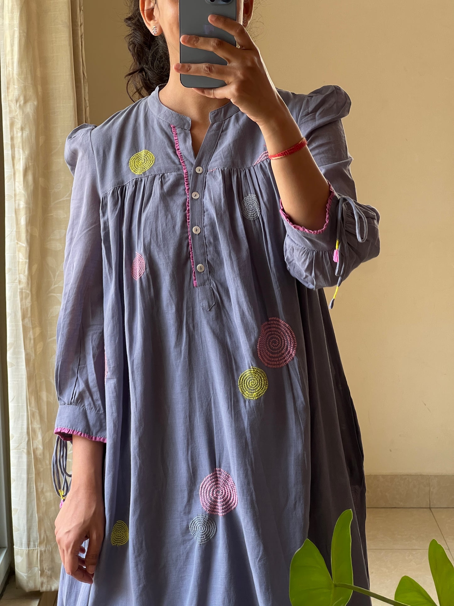A0661 blue Jamdani cotton one piece dress with machine embroidery detailing all over the dress