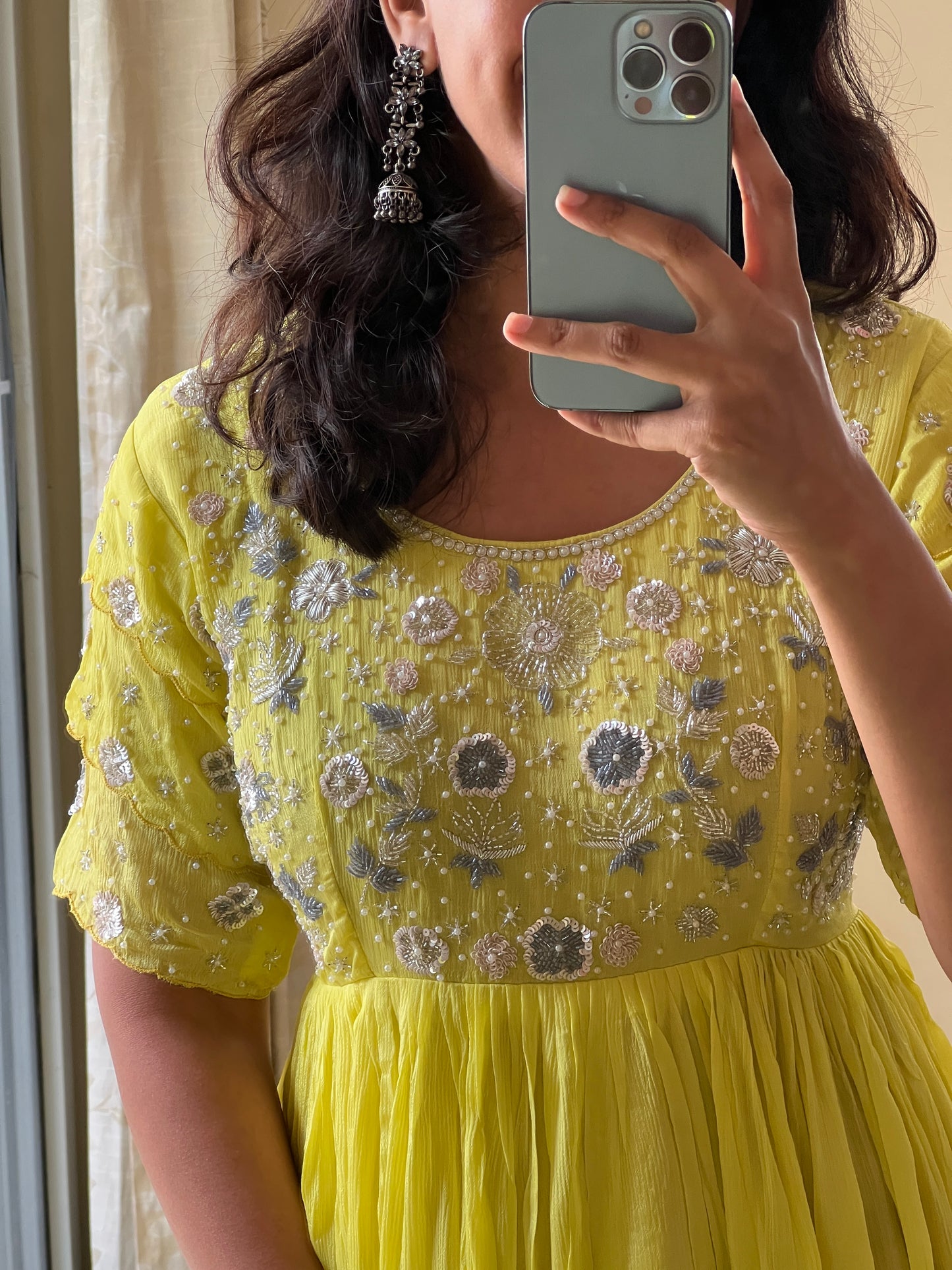 A0496 yellow chinnon one piece dress with beads, zardosi & chips embroidery