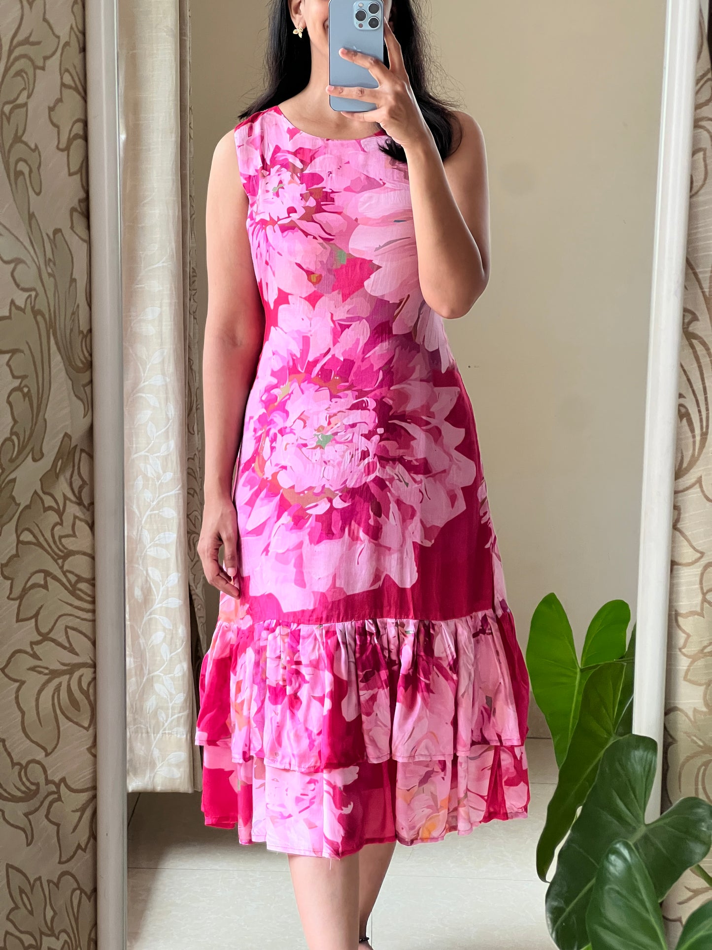 A0513 pink floral cotton silk one piece dress with digital floral printed pattern, sleeves are provided inside