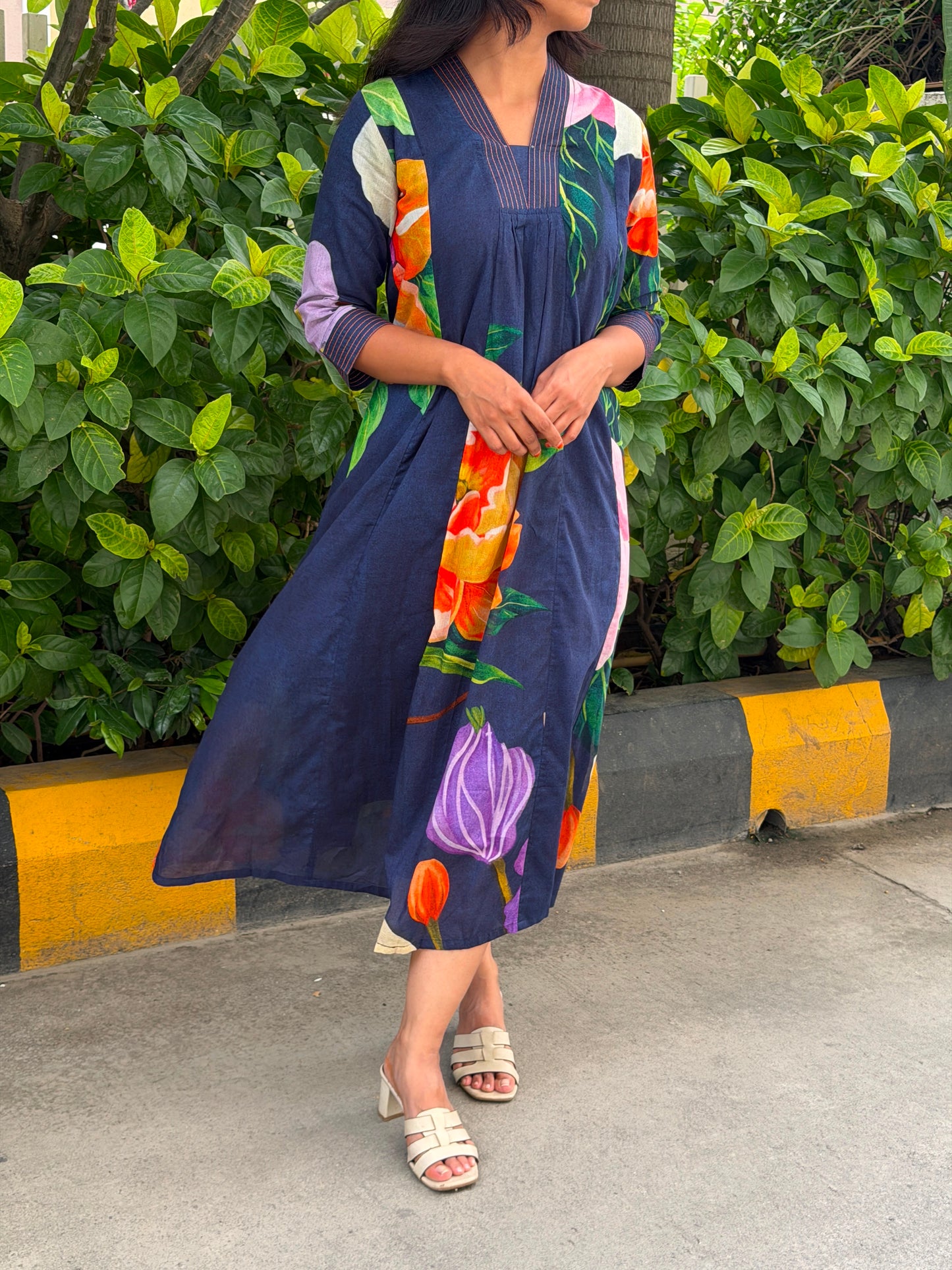 A0820 navy blue floral digital printed mul cotton dress