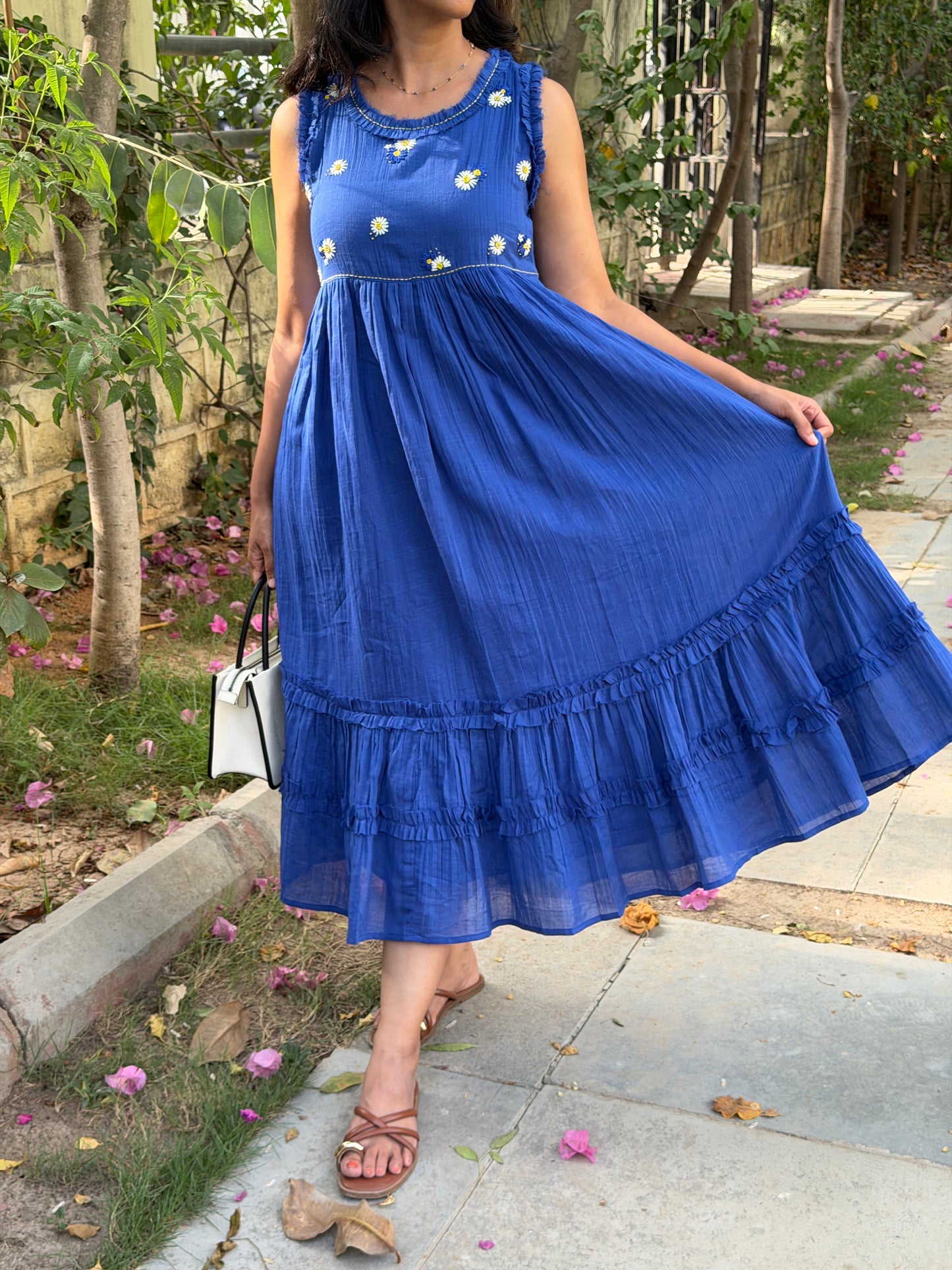 A0765 blue cotton one piece dress with hand embroidery detailing on yoke part