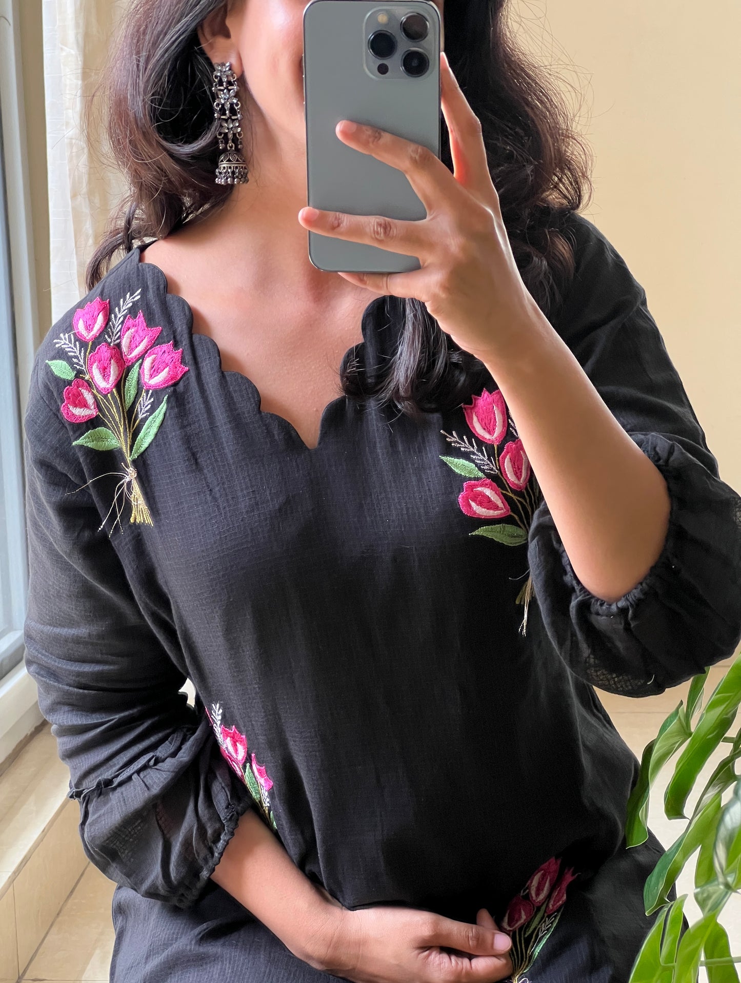 A0517 black cotton kota one piece dress with flower bunch embroidery all over the dress