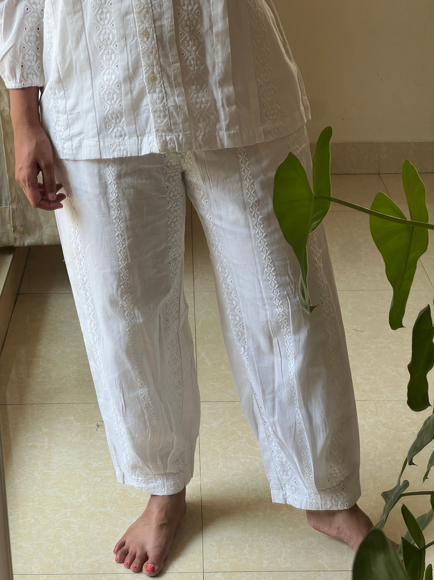 A0669 white Hakoba cotton coord set with machine embroidery all over
