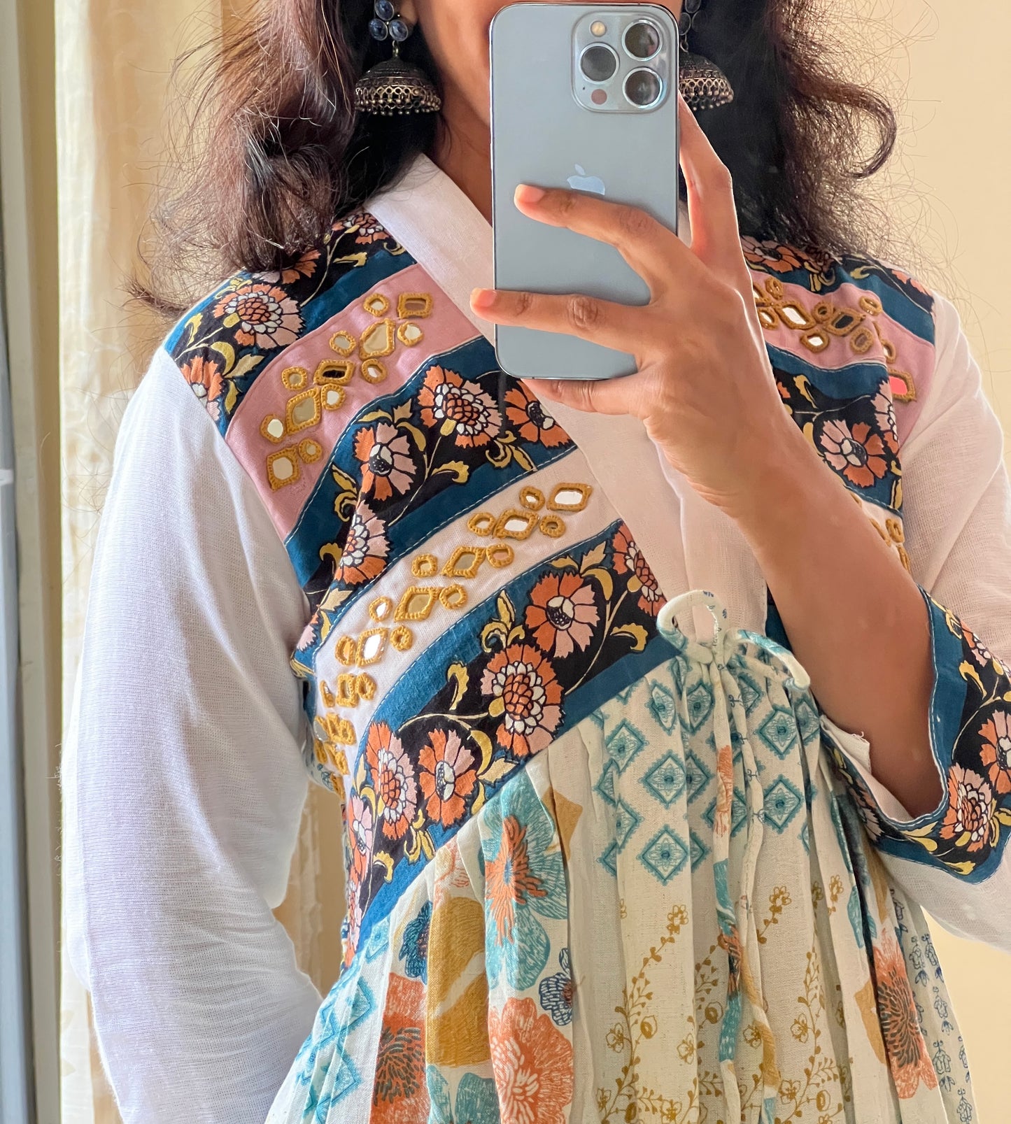 A010 white Imported Cotton falling fabric with original mirror hand embroidery work on yoke part one piece dress