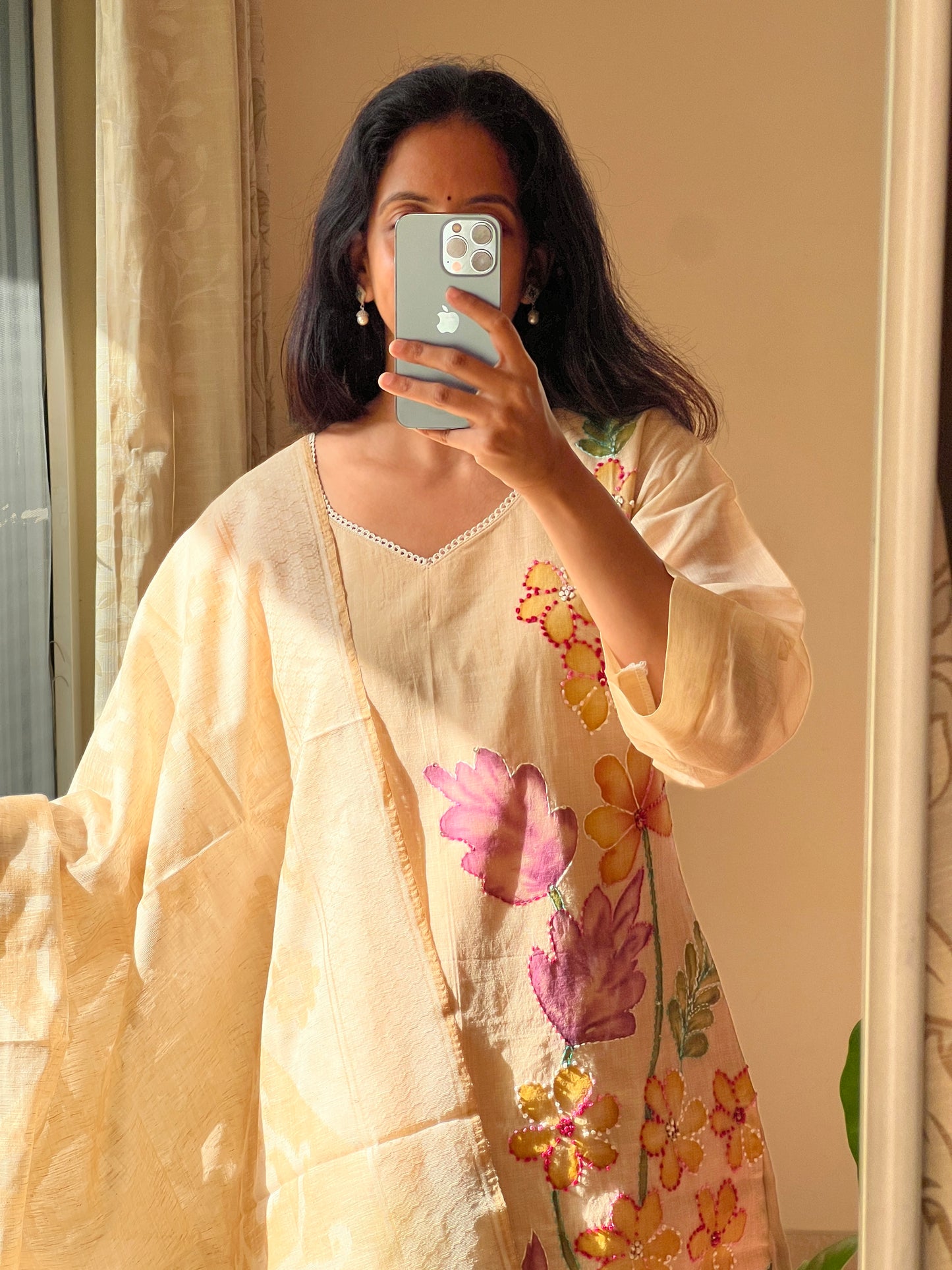 A0550 tussar 3 piece dress with hand painted, Kantha work & knit work detailing