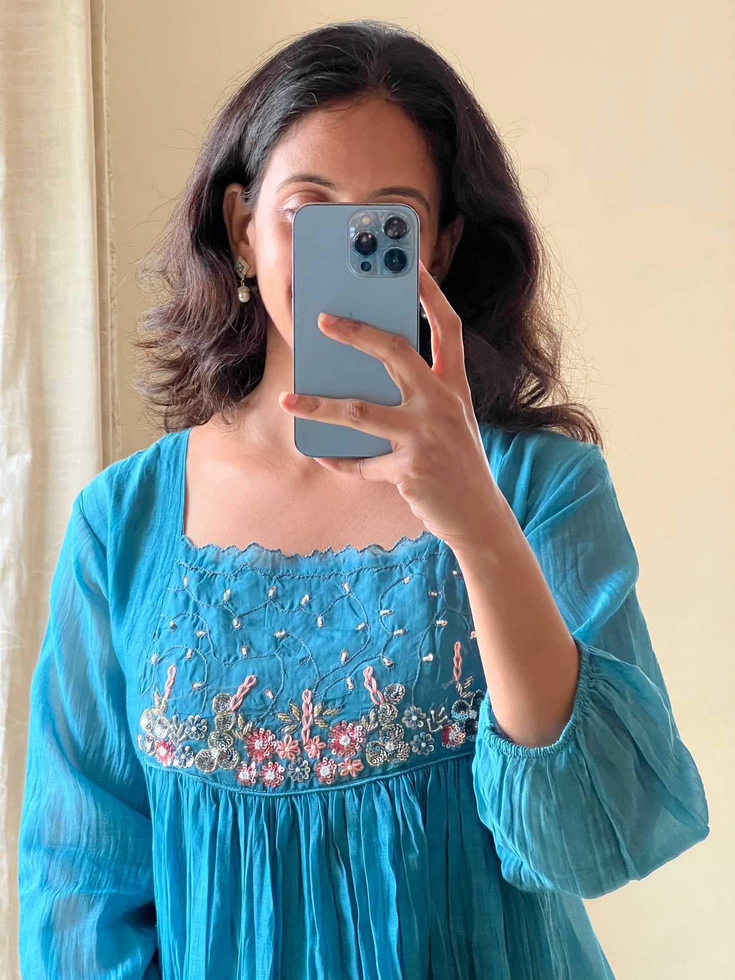 A0524 blue Mul Chanderi dress with hand embroidery and zerdosi work detailing