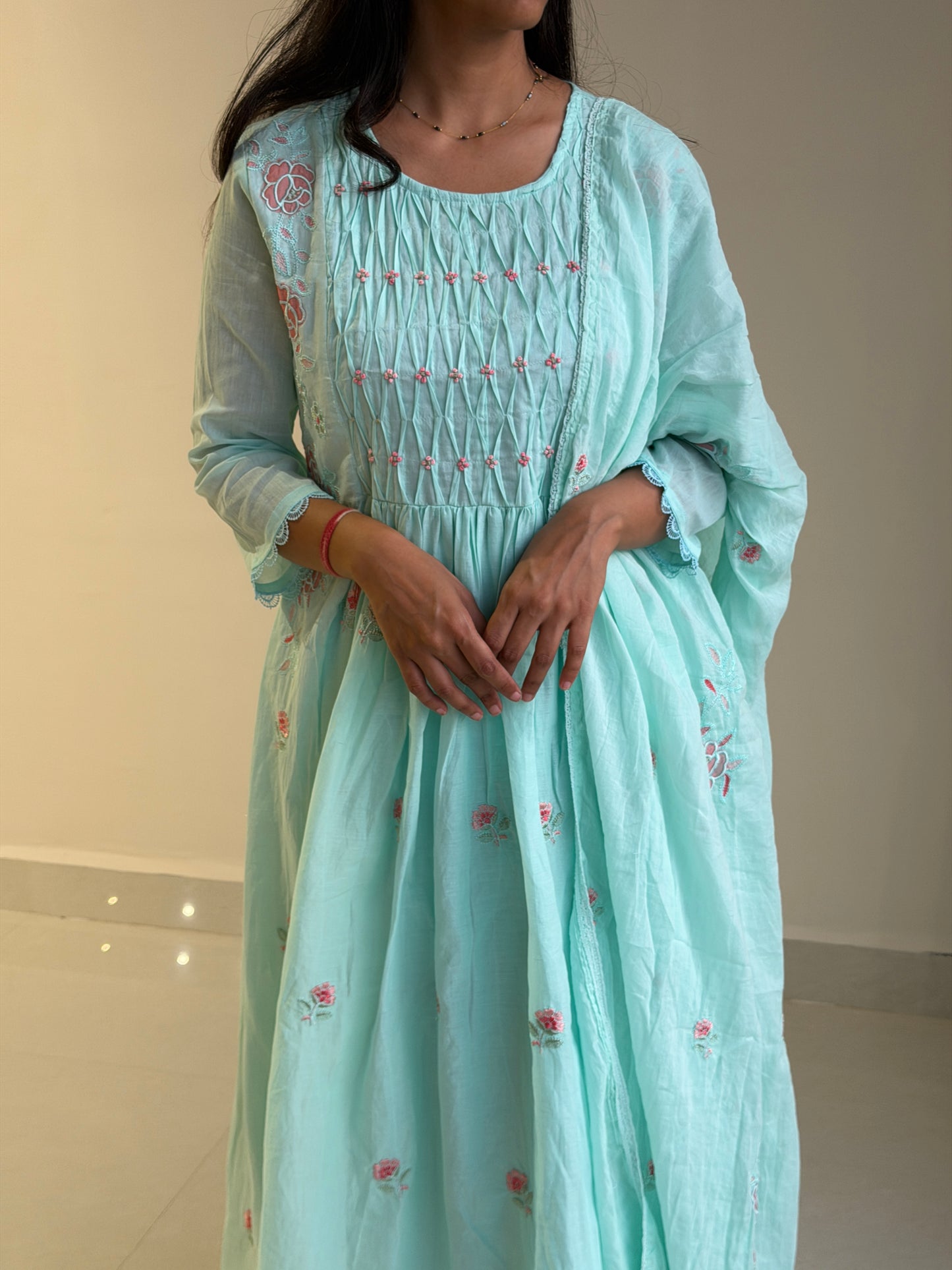 A0722 sea blue mul cotton 3 piece dress with knot, applique work detailing comes with cotton lining