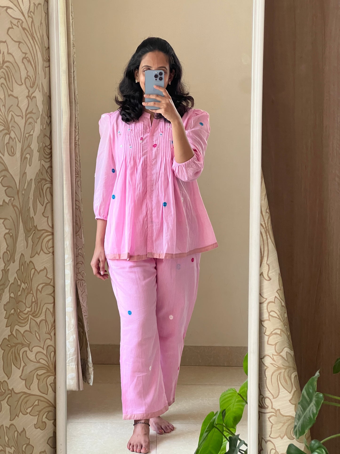 A0662 Jamdani Pink coord set with hand embroidery butties
